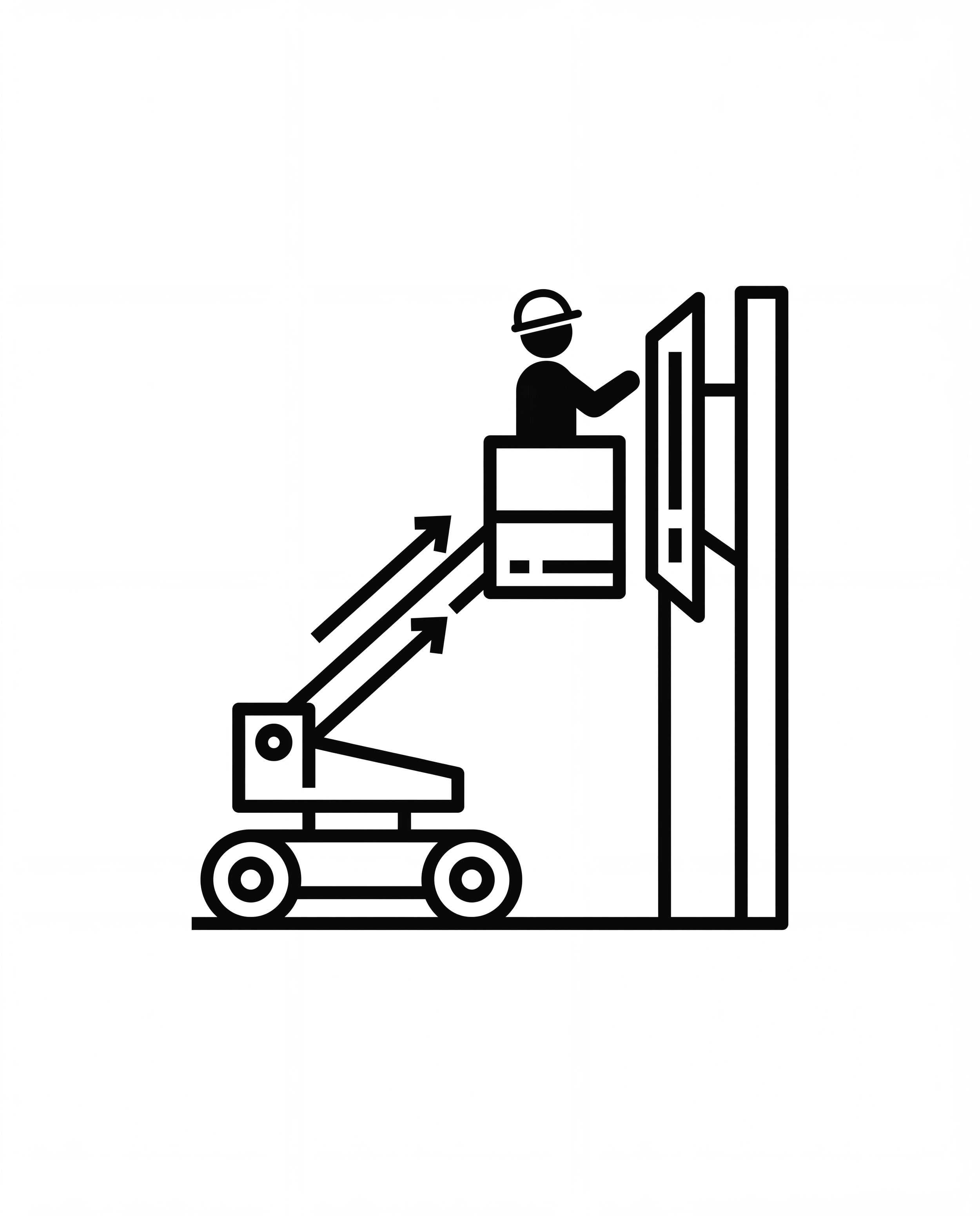 A schematic line drawing depicting a person with a helmet sitting on a box, using a lever to operate a machine with a vertical panel and moving parts. An arrow indicates upward movement.