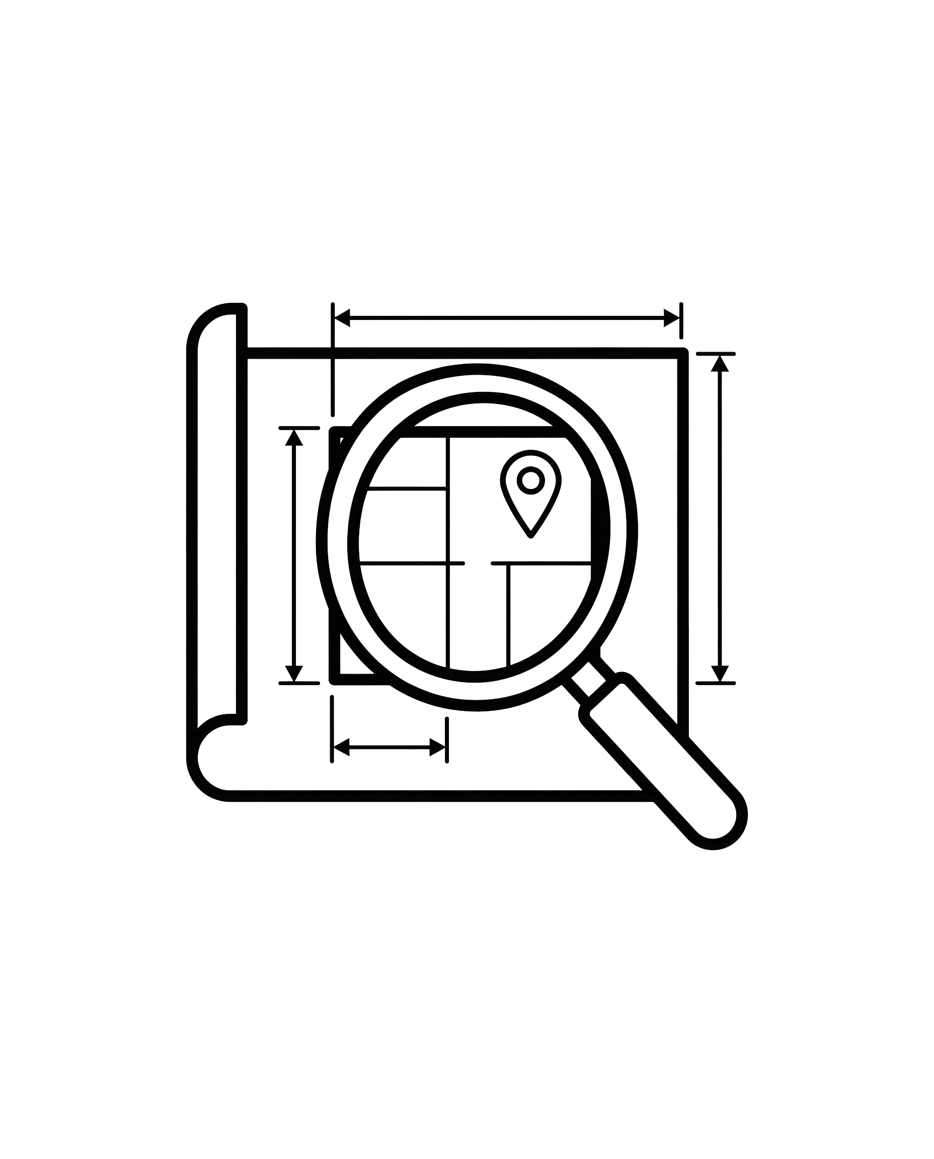Technical drawing of a mechanical device with measurements, featuring a combination of circular and rectangular components, a magnifying glass, and a ruler.