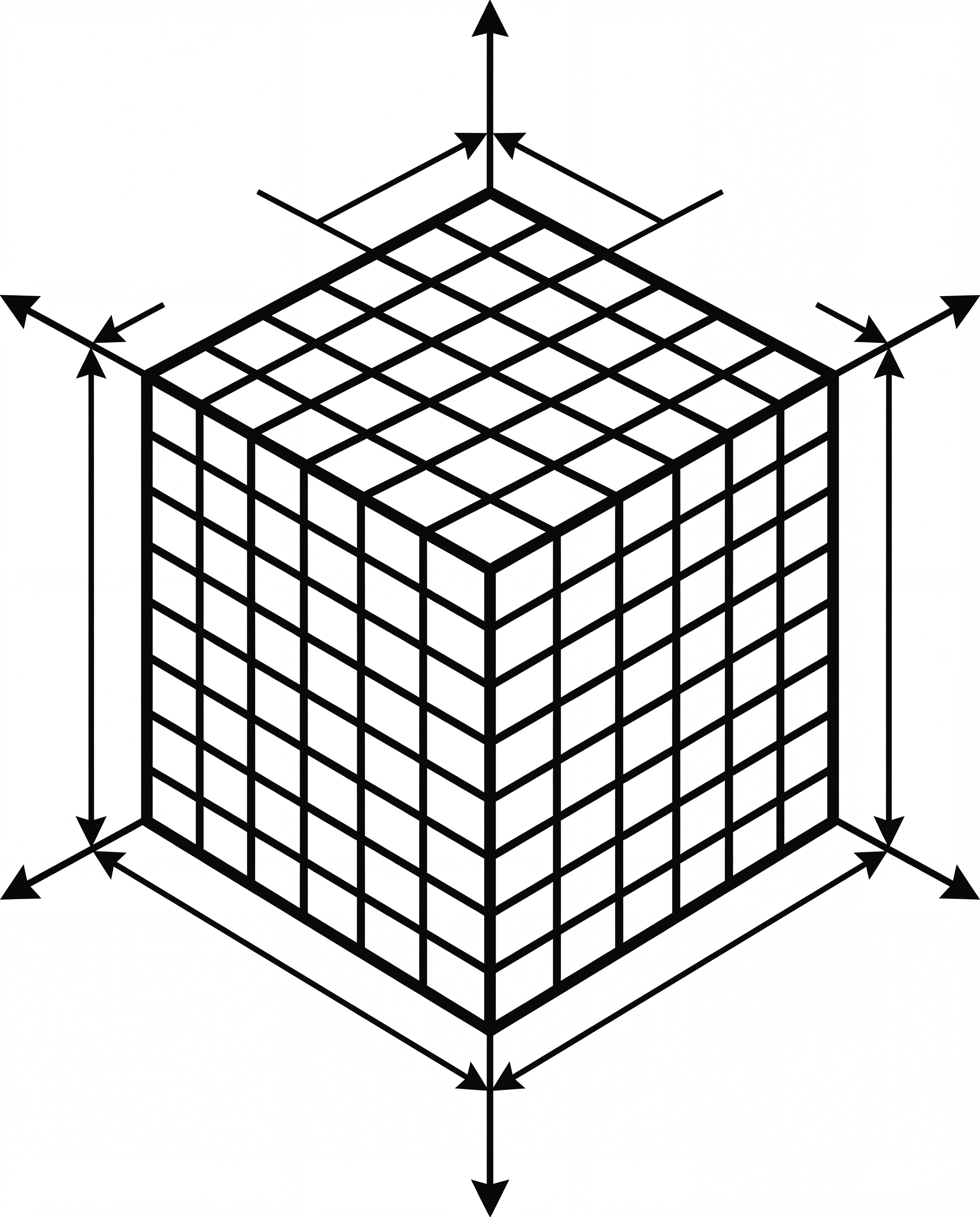 A 3D wireframe grid cube with axes labeled for x, y, and z directions.