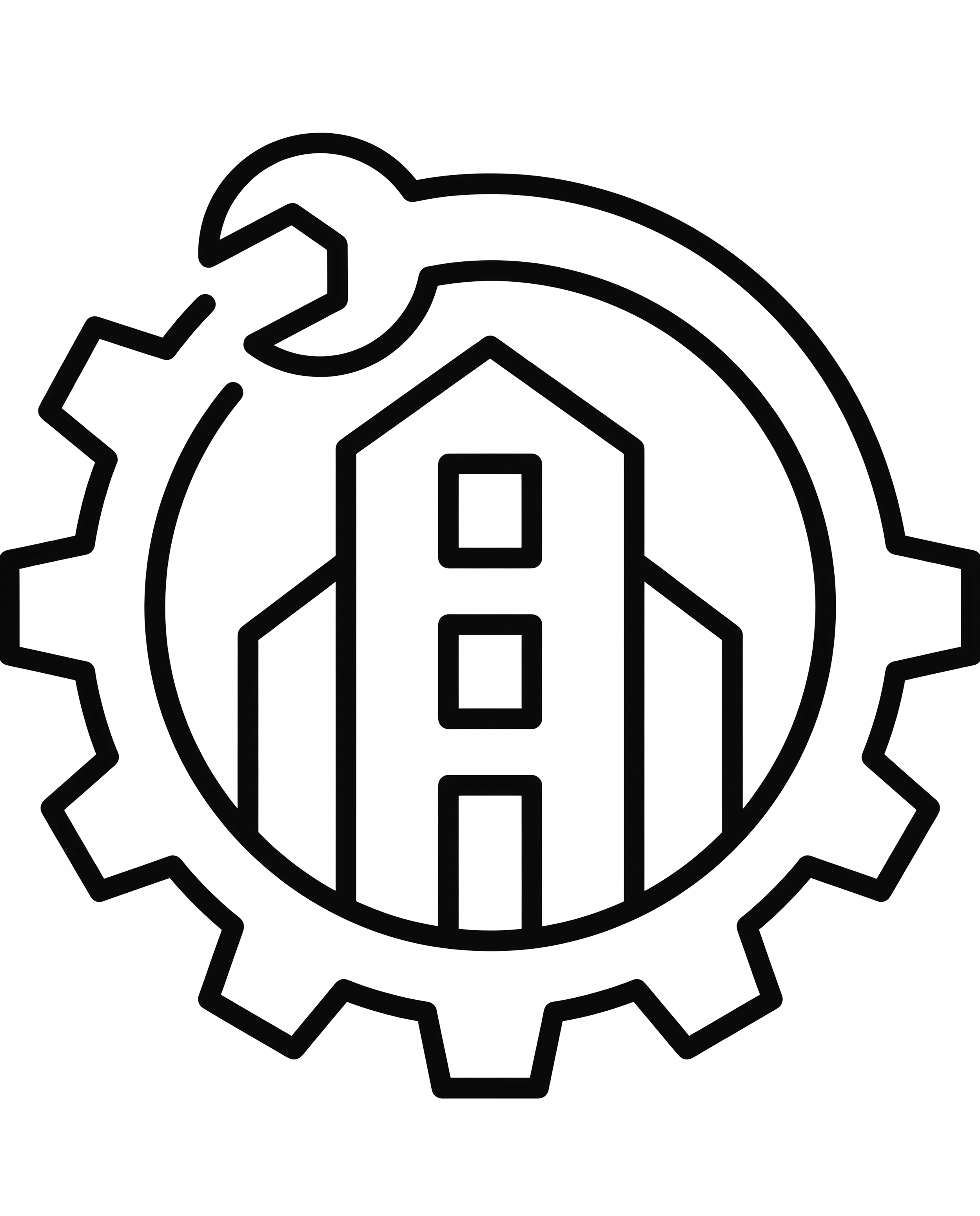 Black and white line drawing of a gear with a house inside and a wrench placed diagonally across the house.