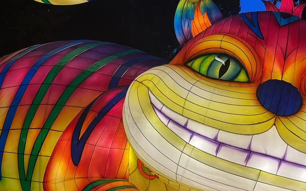 Colorful dragon-shaped lantern with green eyes and a smiling face.