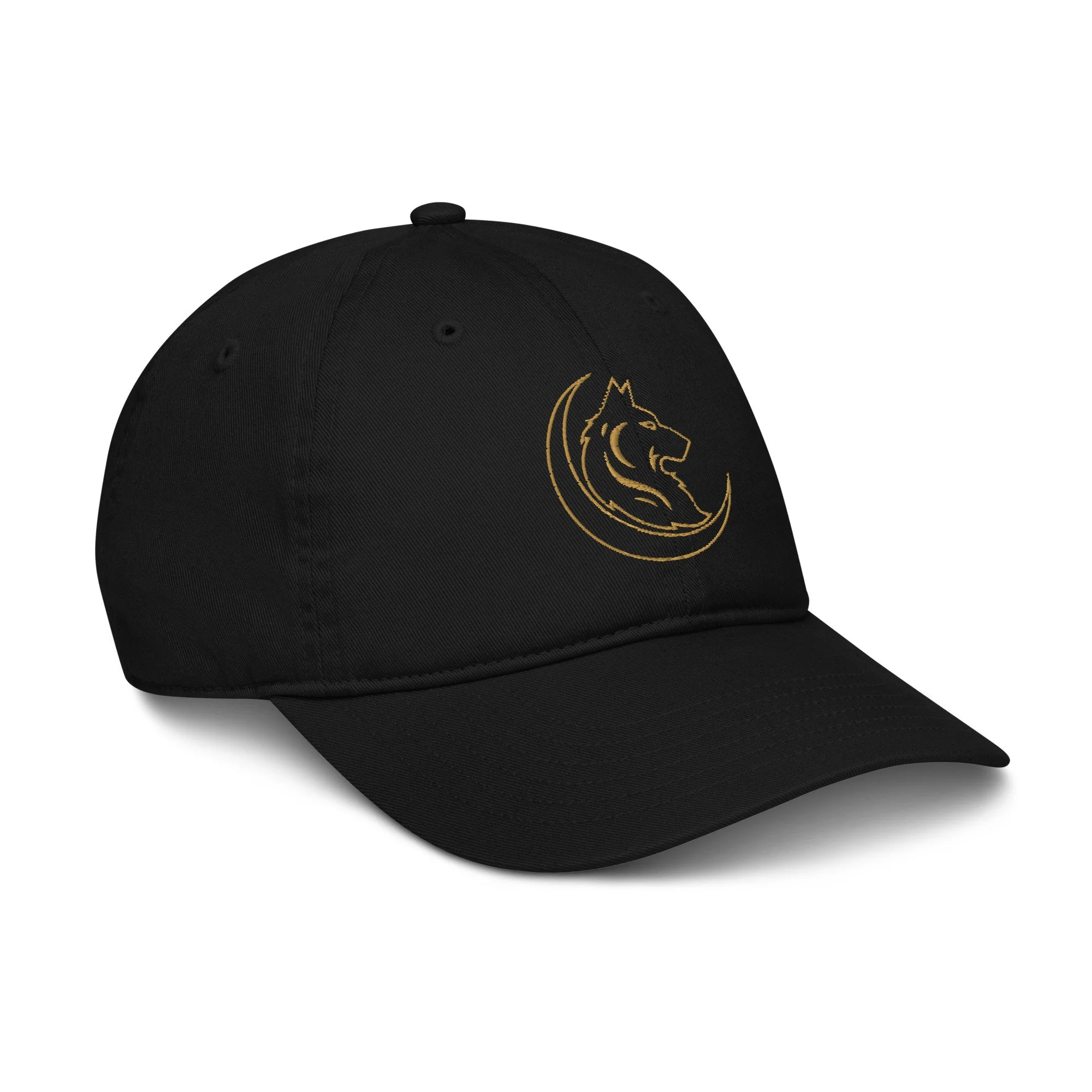 Black baseball cap with a gold embroidered lion head and crescent moon logo.