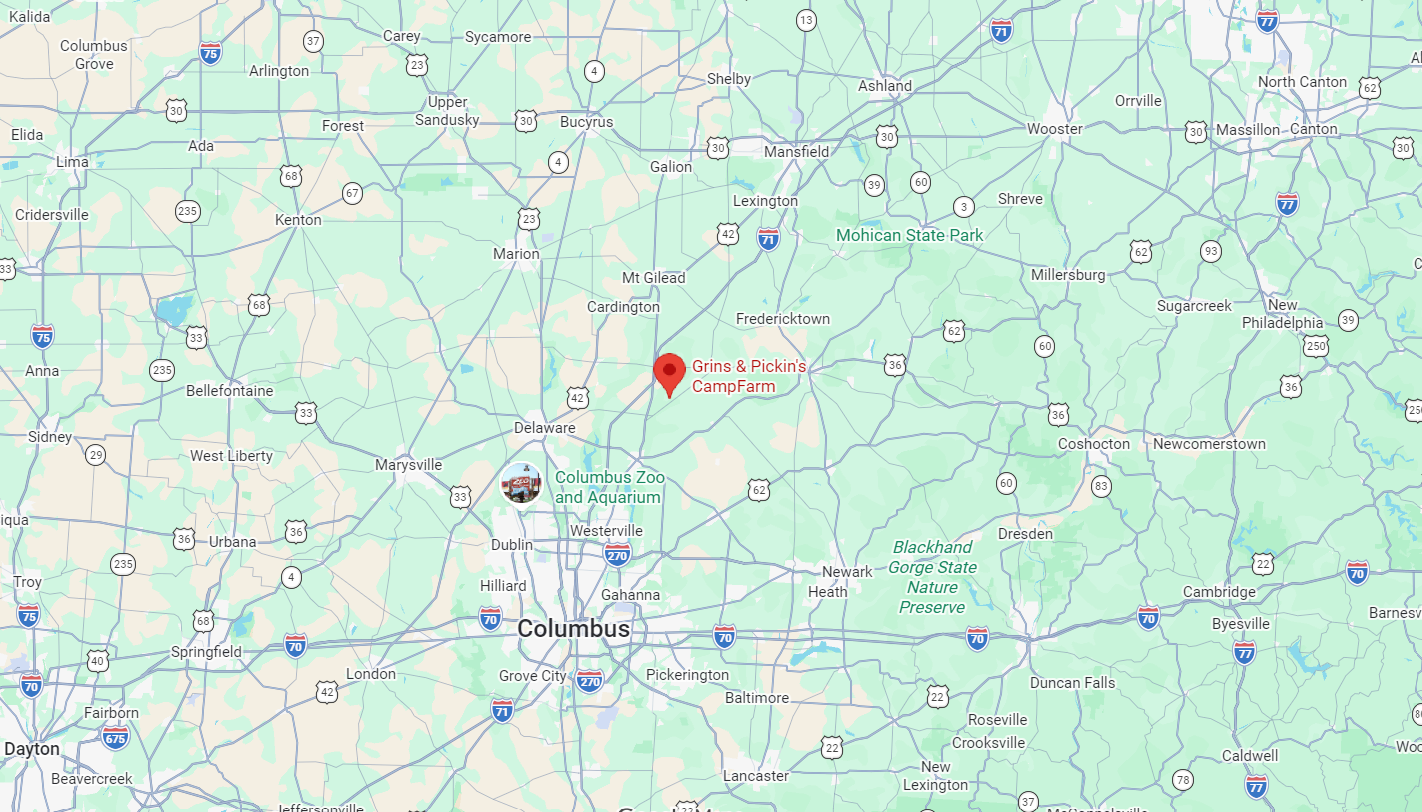 Map showing locations in Ohio, including Columbus, Columbus Zoo and Aquarium, and Grins & Pickin's CampFarm.