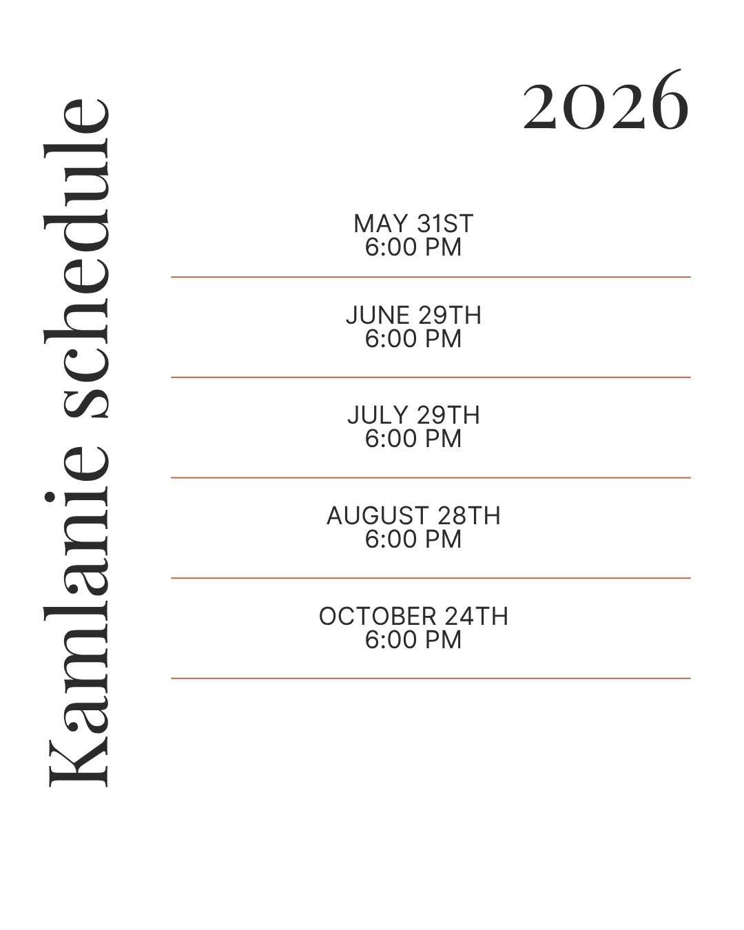 Calendar of Kansas City schedule with dates and times listed for May 31st, June 29th, July 29th, August 28th, and October 24th, each at 6:00 PM. Vertical text on the left reads 'Kansas City schedule'.
