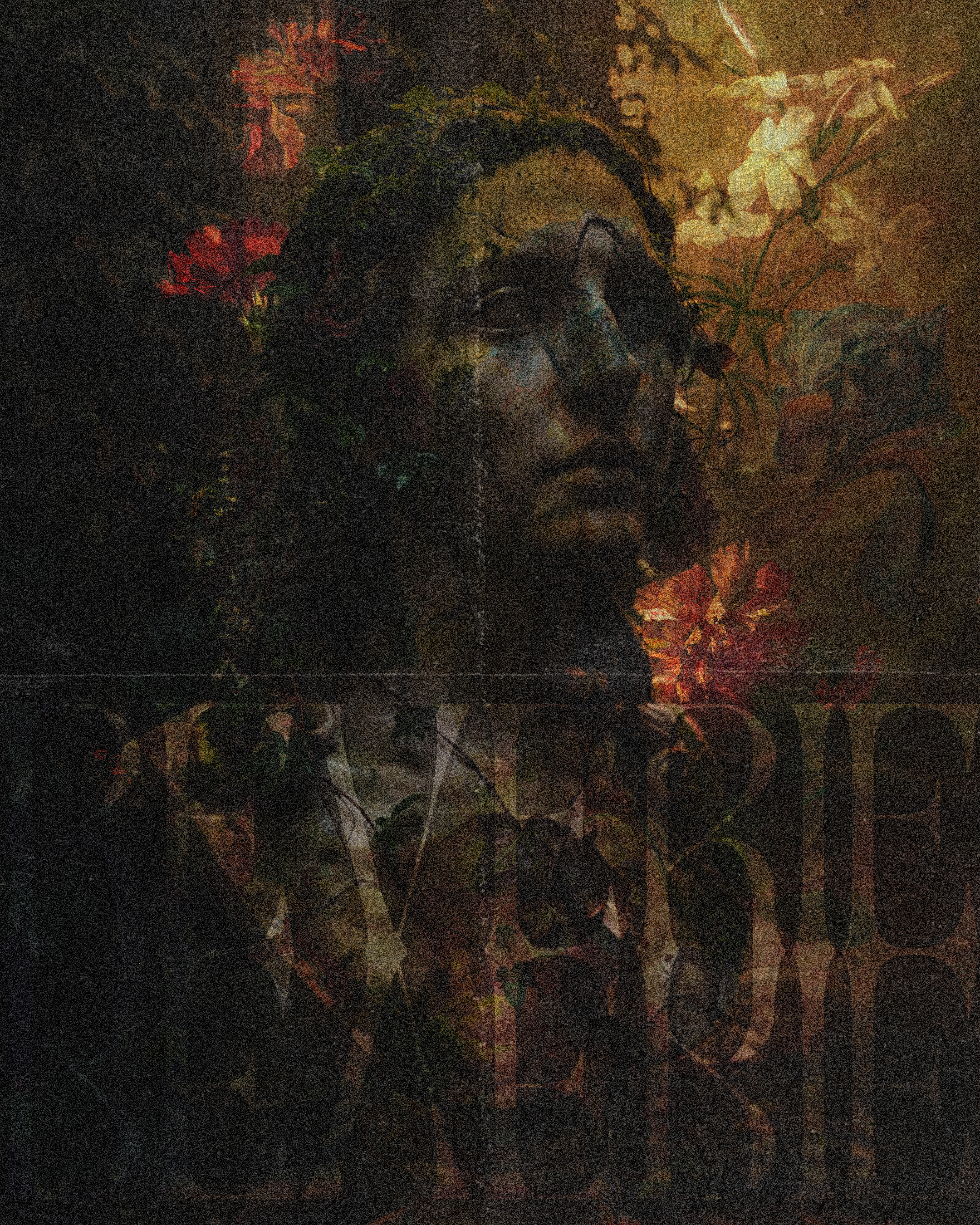 Dark, artistic portrait of a person with floral and natural elements, possibly a painting or mixed media art.