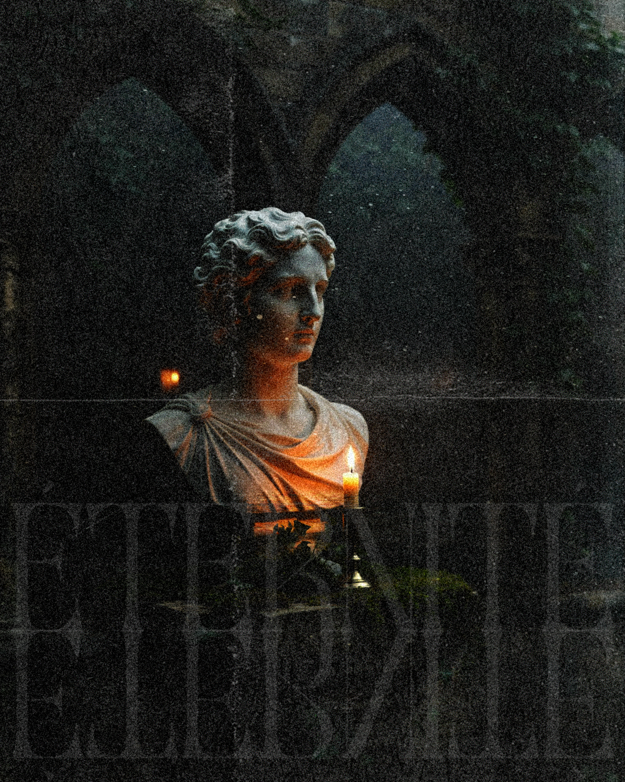 A stone bust of a woman with candlelight reflecting on it, surrounded by trees and arches in a dark setting.