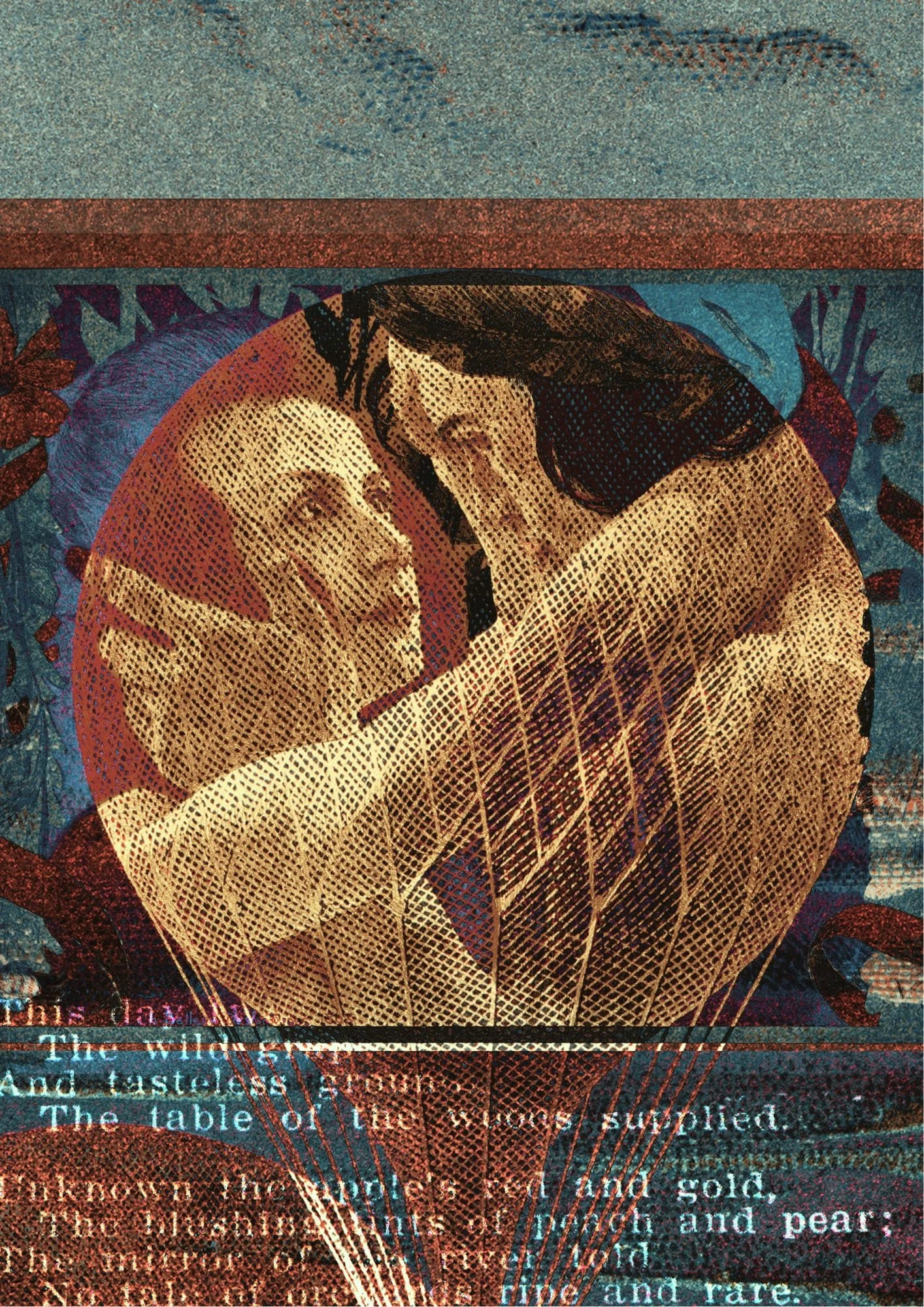A graphic illustration of two women, one with reddish hair and the other with dark hair, touching foreheads inside a circular frame, surrounded by floral patterns and text.