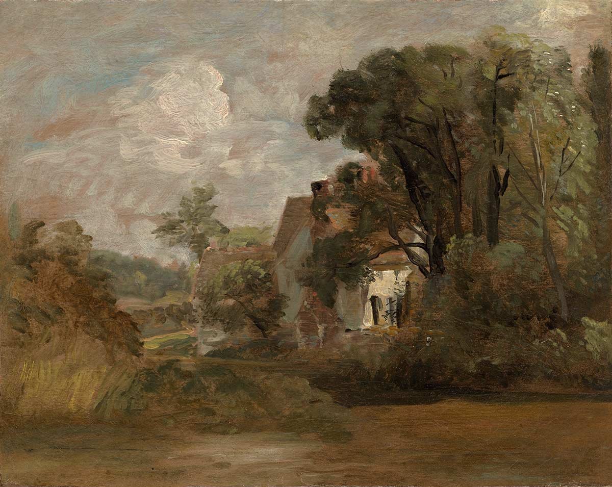 A landscape painting of a rural scene with a cloudy sky, trees, and a small house with a thatched roof.