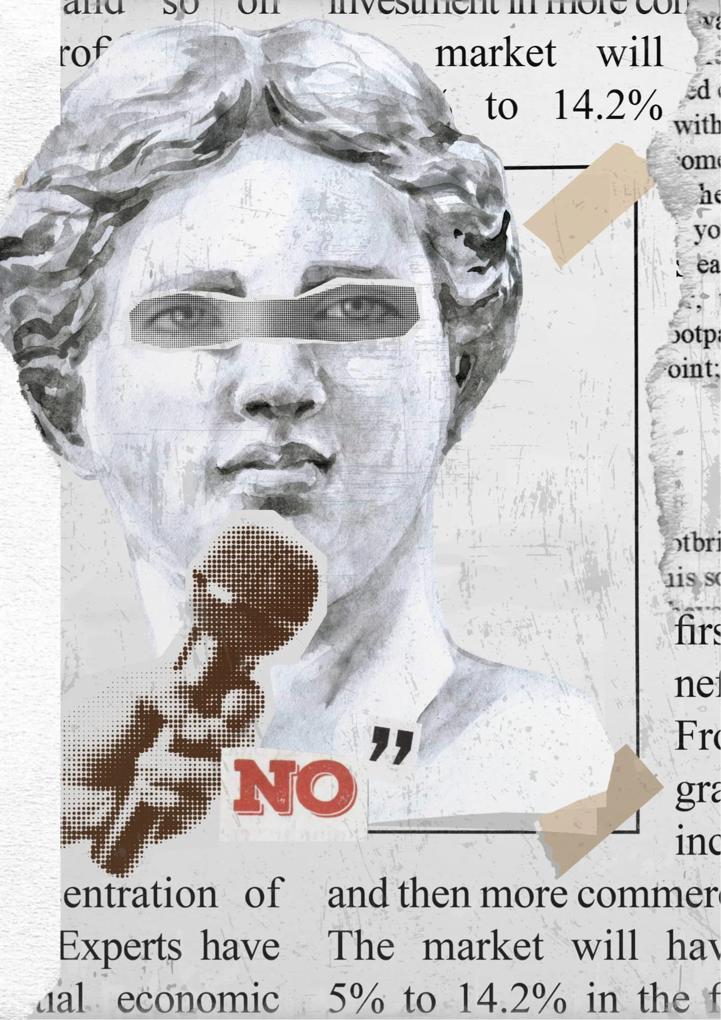Collage of a grayscale woman with wavy hair, holding a microphone, and wearing black rectangular glasses, set against a background of newspaper clippings. The word 'NO' appears in red, overlaid on the microphone.