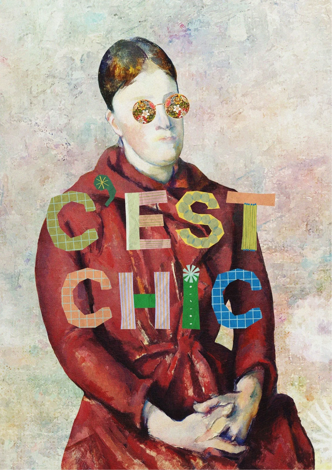 Painting of a woman with short hair wearing sunglasses with floral lenses, dressed in a red coat, with the phrase 'Self Chic' spelled out in colorful, patterned letters across her chest.
