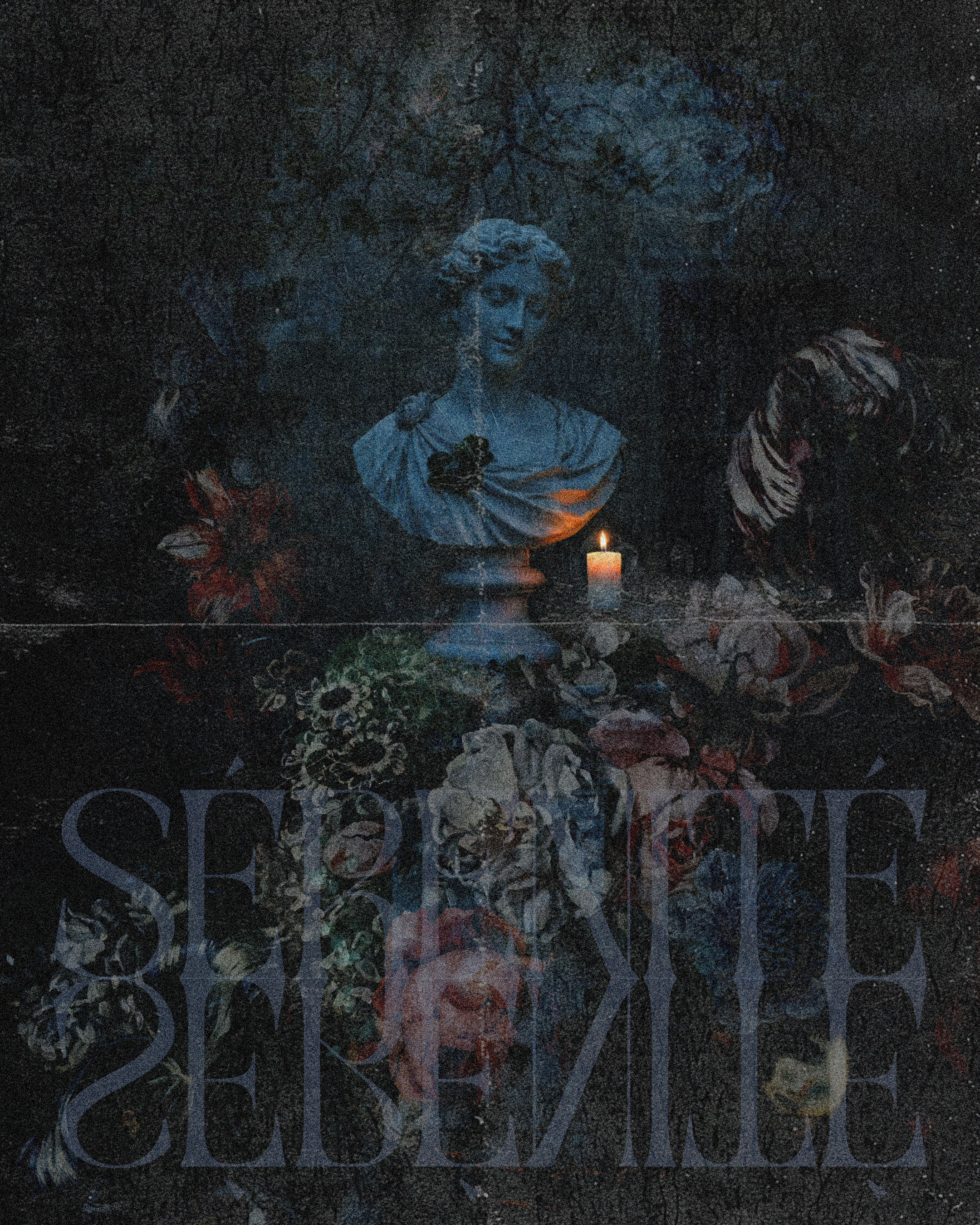 A dark, moody still life featuring a classical bust sculpture of a woman's head and shoulders, surrounded by flowers and foliage, illuminated by a small lit candle. The image has the words 'SELF RESPECT' in large, stylized letters at the bottom.