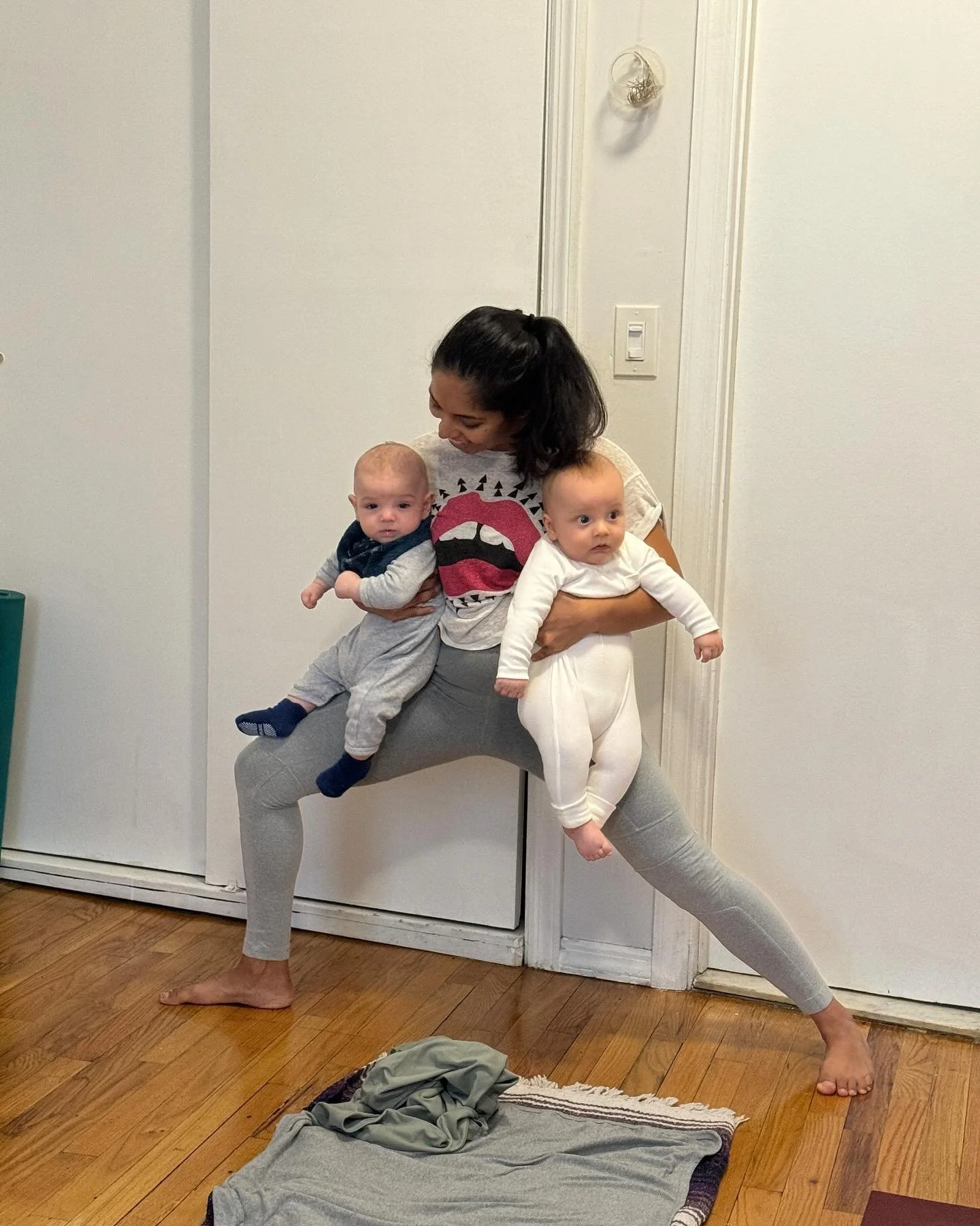 Sometimes Baby &amp; Me Yoga is just strength training with the cutest wiggliest weights 💪 
.
Little dumplings courtesy @zimzimzimmer and @zoe.zermeno 💖