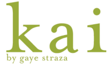 Close-up of a logo with the text 'kai' and 'by gaye straza' underneath, in green font on a black background.