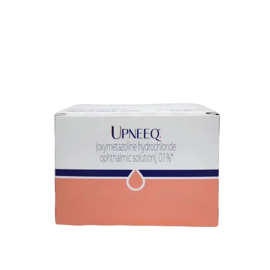 A box of UPNEEQ, an ophthalmic solution containing oxymetazoline hydrochloride, 0.1%, used for eye treatment.