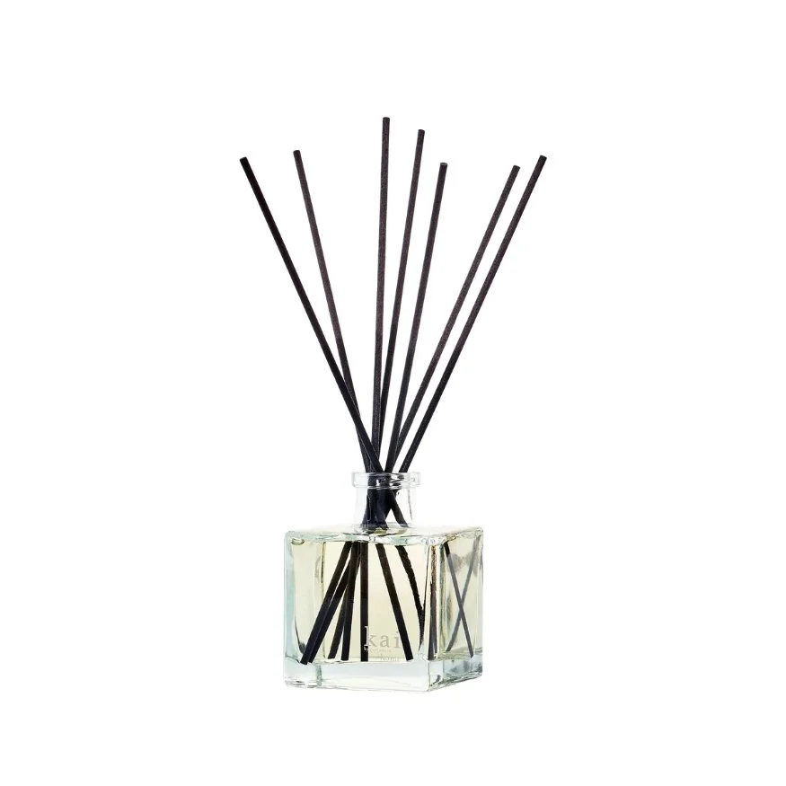 A clear glass diffuser bottle with black reed sticks inside, some sticks are taller and leaning at different angles.