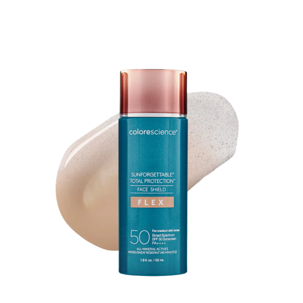 Bottle of Colorescience Sunforgettable Total Protection Face Shield Flex SPF 50 with a beige-colored swatch of sunscreen on a white background.