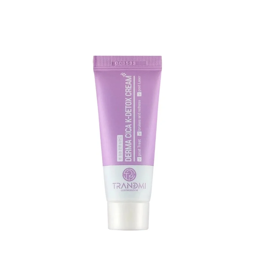 Purple and white tube of Derma Cica K-Detox Cream with the brand name Tranomi on it.