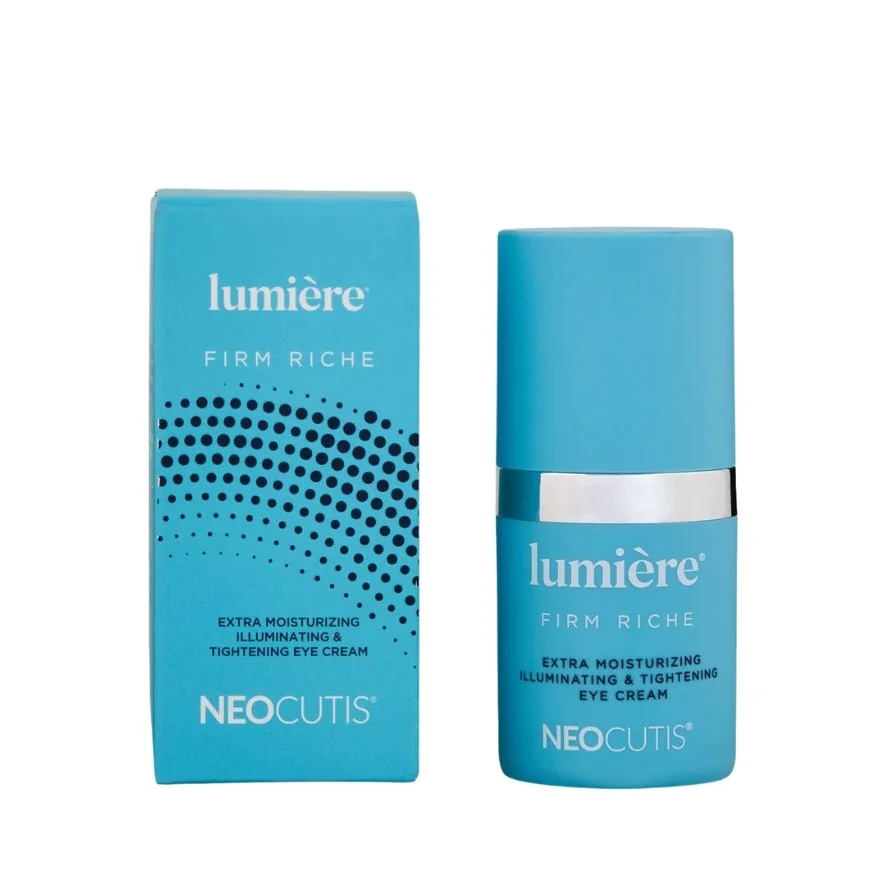 Blue box and bottle of Lumière firm riche extra moisturizing eye cream from Neo Cutis.