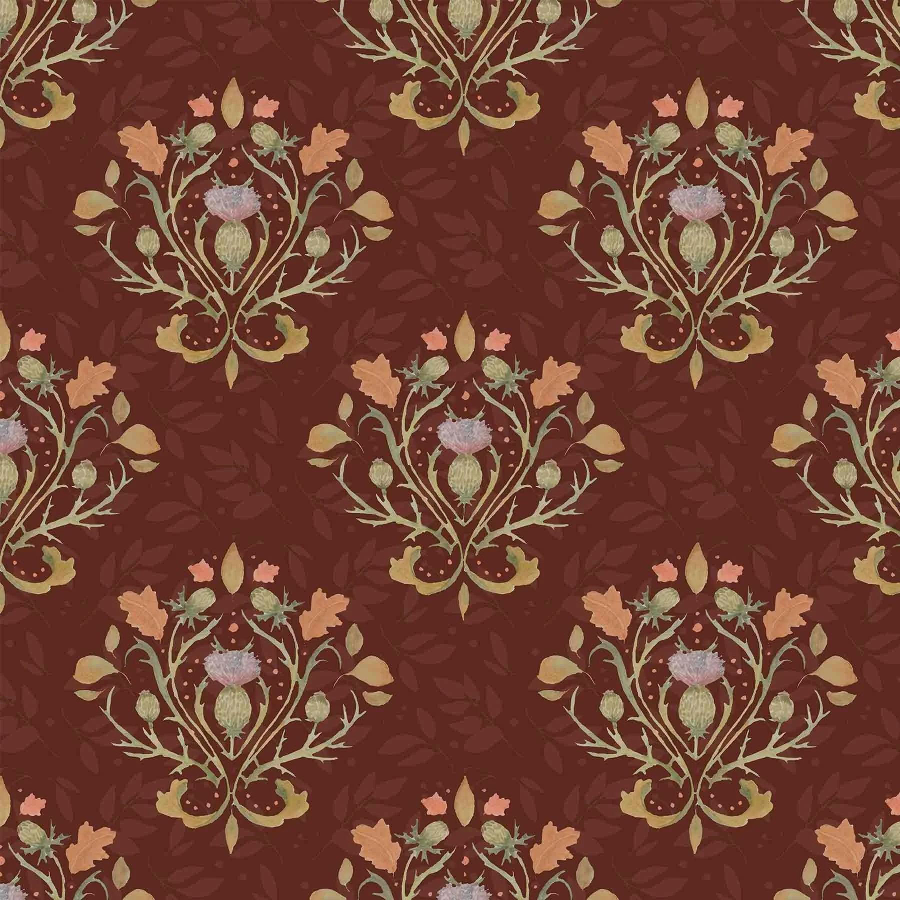 A repeating vintage floral pattern with beige, pink, and green flowers and leaves on a dark red background.
