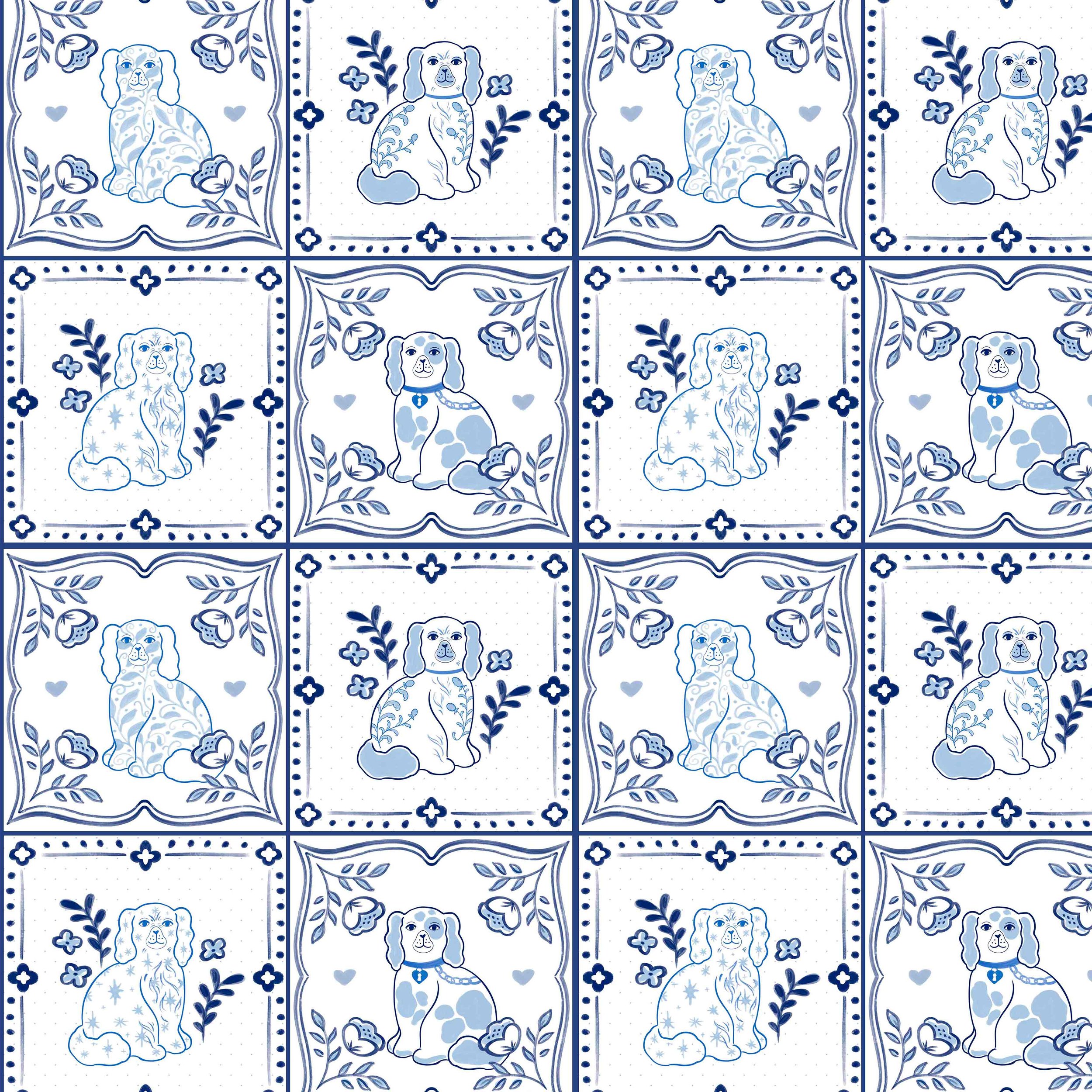 Pattern of alternating illustrations of dogs and floral designs in blue and white.