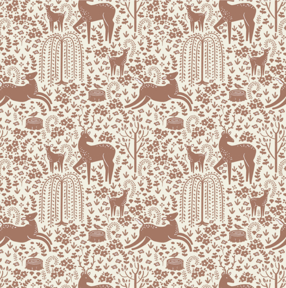 A seamless pattern with forest animals and nature elements, including deer, stumps, trees, and flowering bushes, in earth tones.