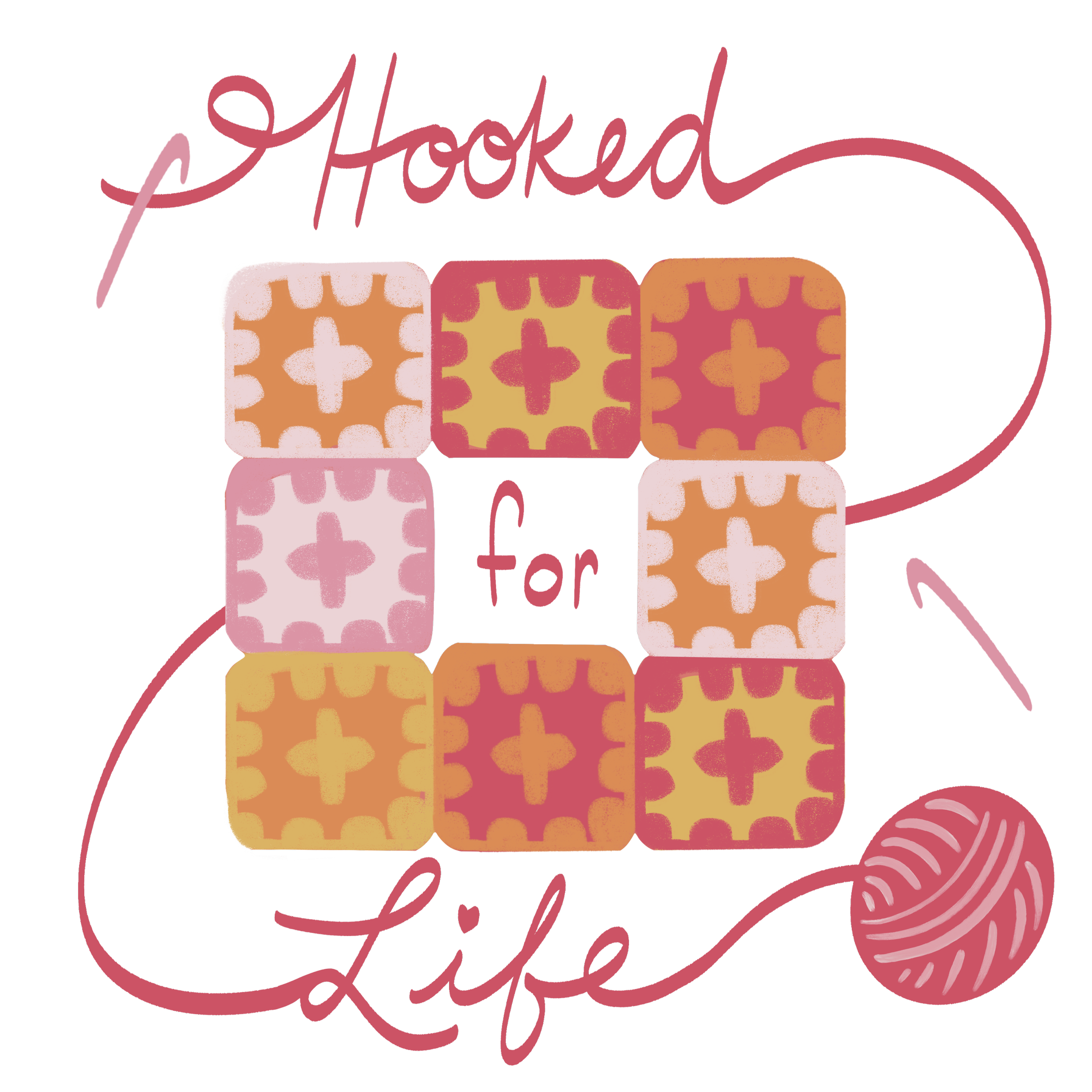 Colorful graphic with a pink, yellow, orange, and white pattern of squares and crosses. Text overlay reads 'Hooked for Life' with a ball of pink yarn and knitting needle.