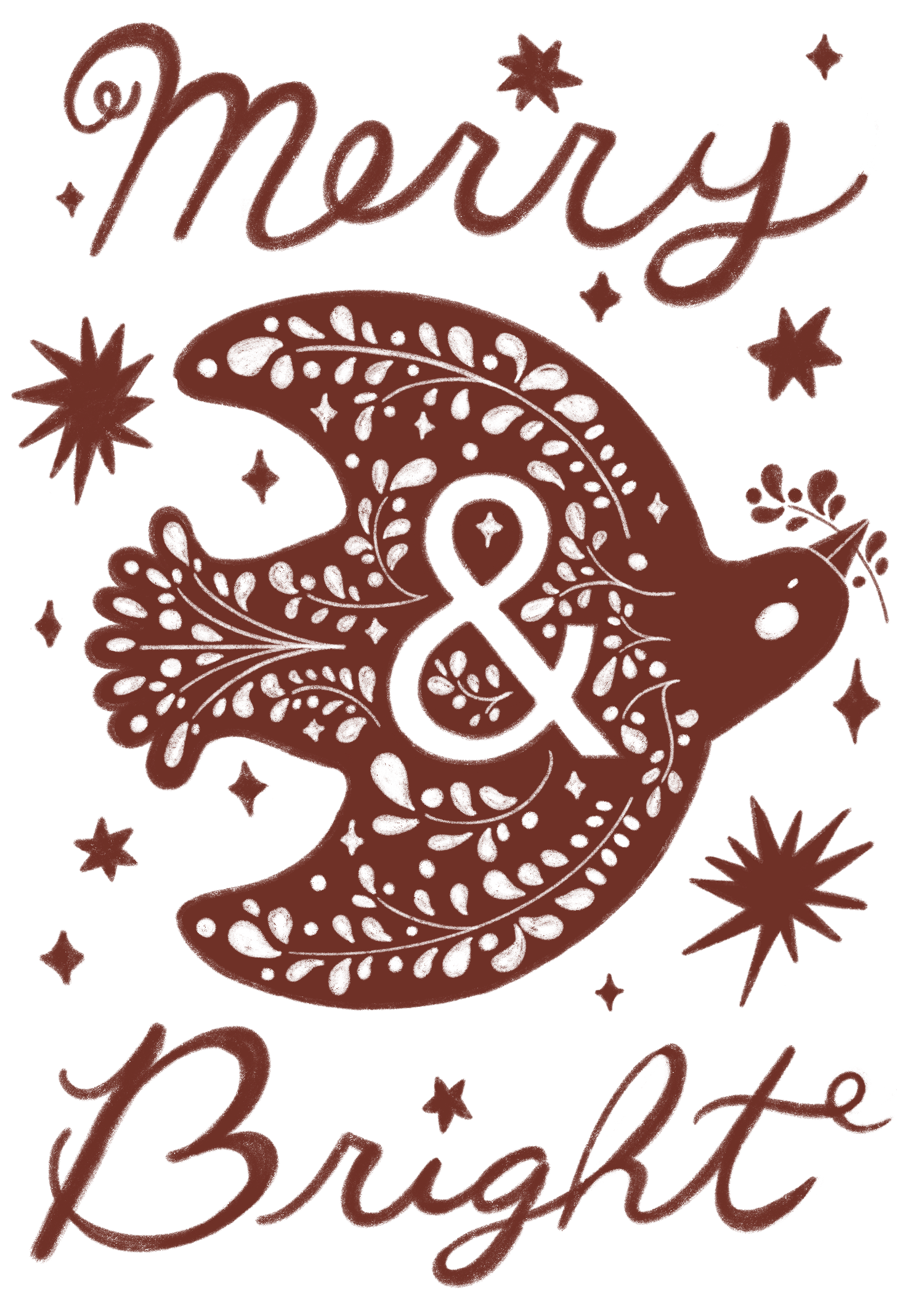 A holiday greeting card with a stylized bird and the words 'Merry & Bright' written above and below in cursive, surrounded by stars and decorative elements.