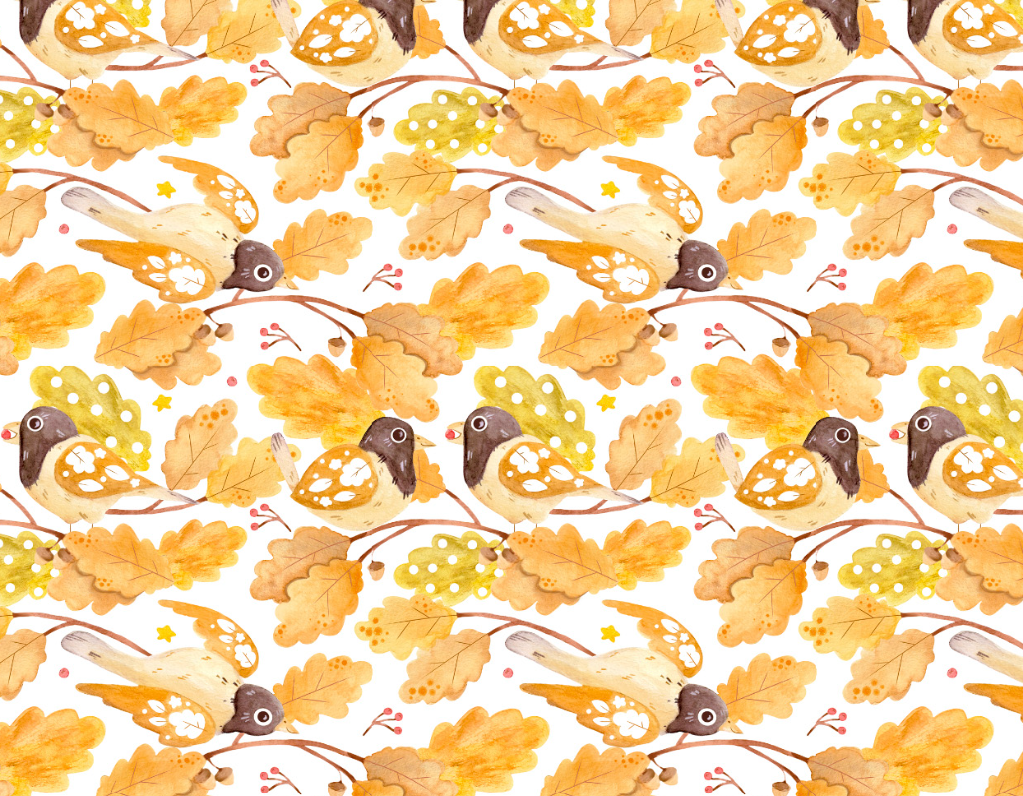Watercolor pattern featuring small birds with brown and white feathers perched on orange and green autumn leaves and branches.