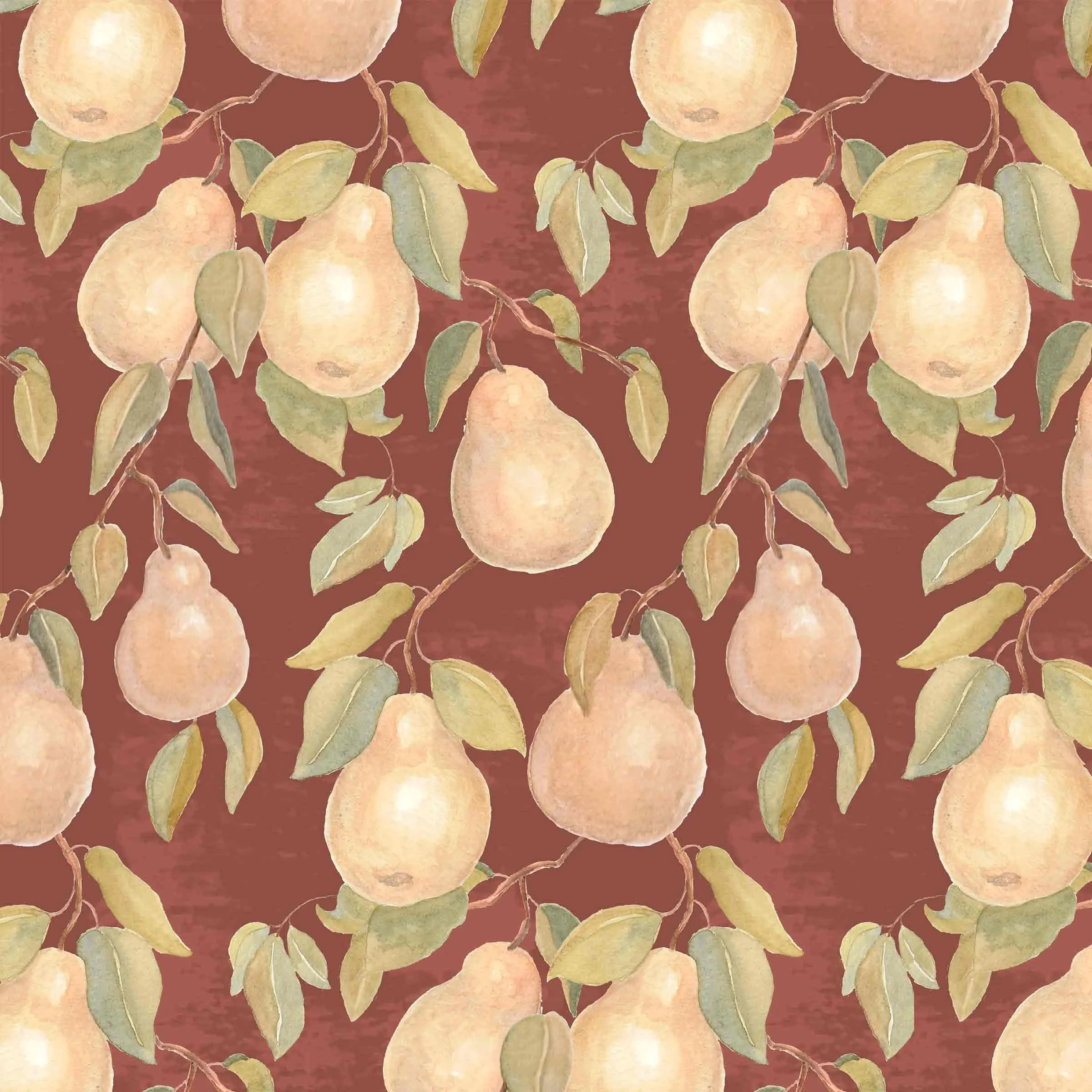 Pattern of peaches with green leaves on a reddish-brown background.
