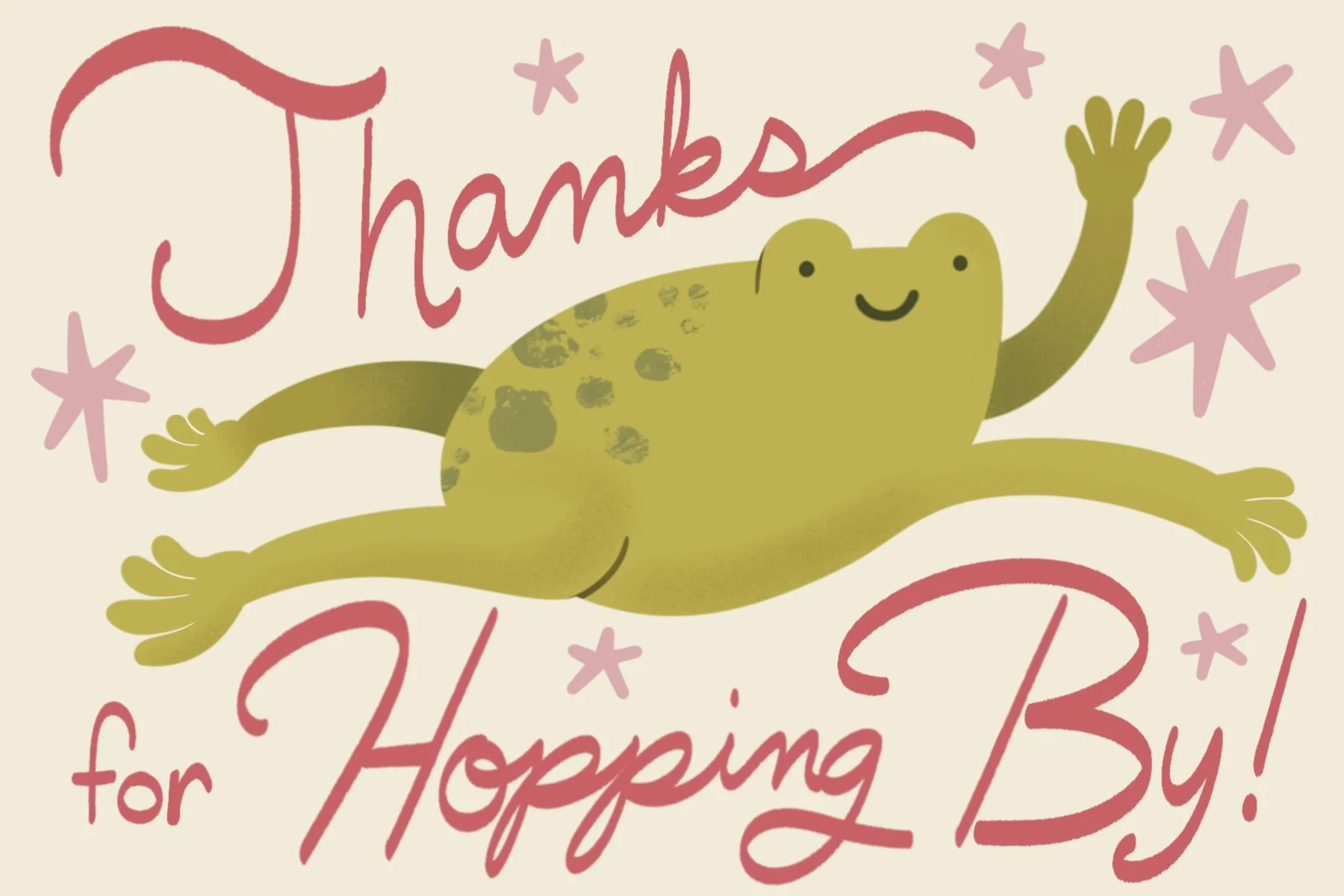 A cheerful cartoon frog with a big smile, waving, surrounded by pink starburst shapes, with the text 'Thanks for Hoping By!' written in pink, playful script letters.