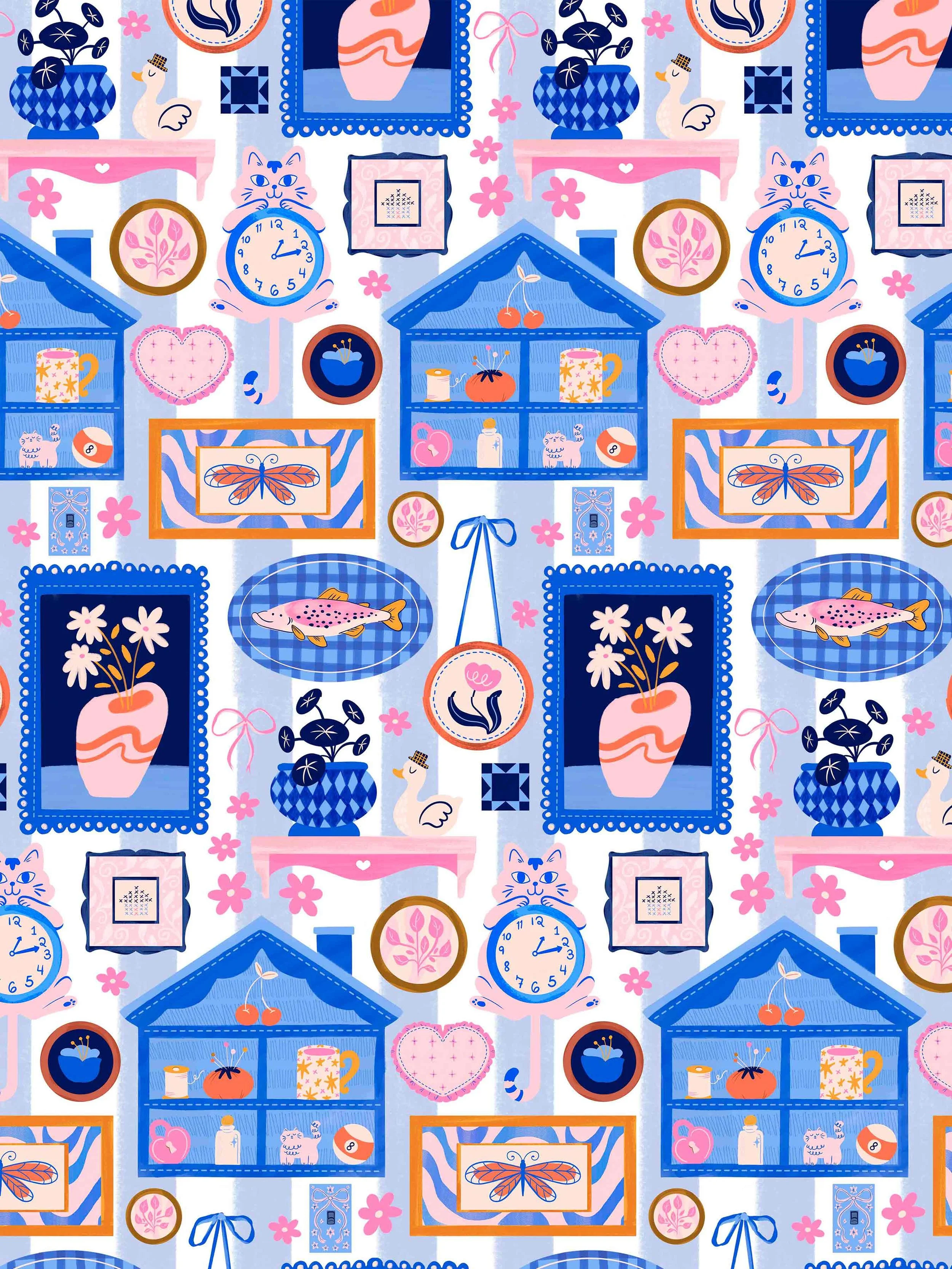 A colorful, patterned illustration featuring various decorative objects, clocks, animals, flowers, houses, fish, and framed pictures in shades of blue, pink, and orange.