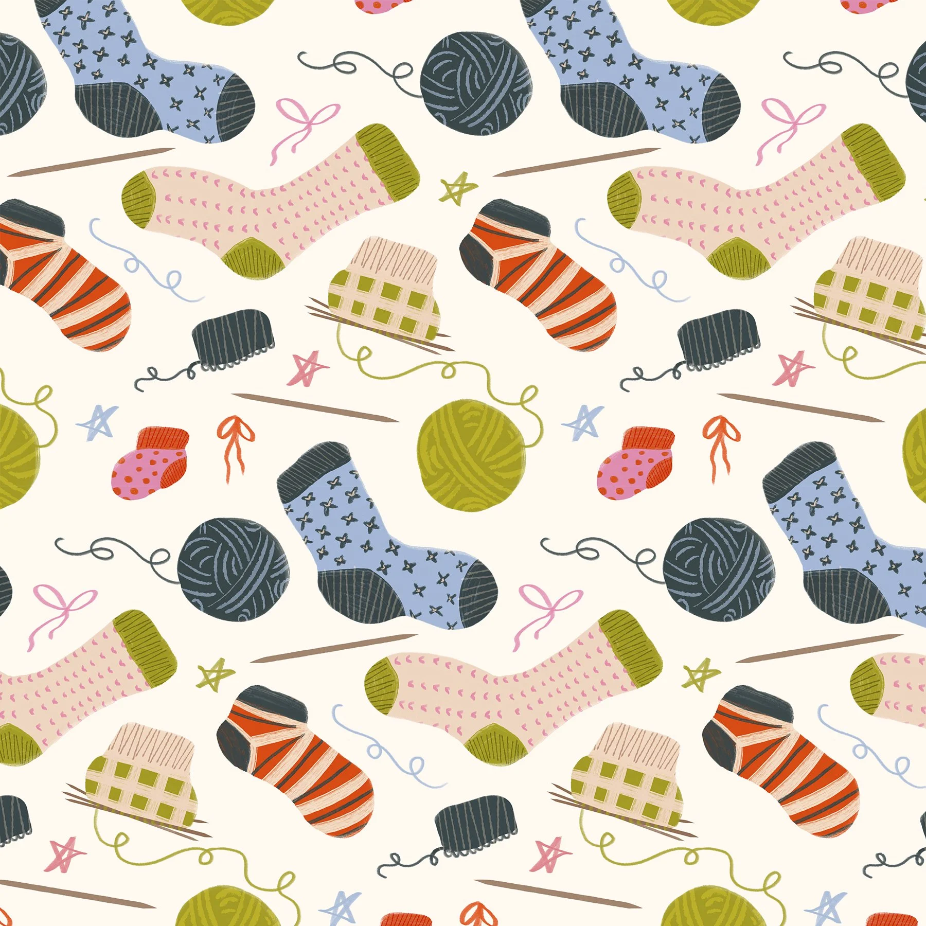 Pattern of colorful Christmas-themed items including socks, yarn balls, hats, and knitting needles on a light background.