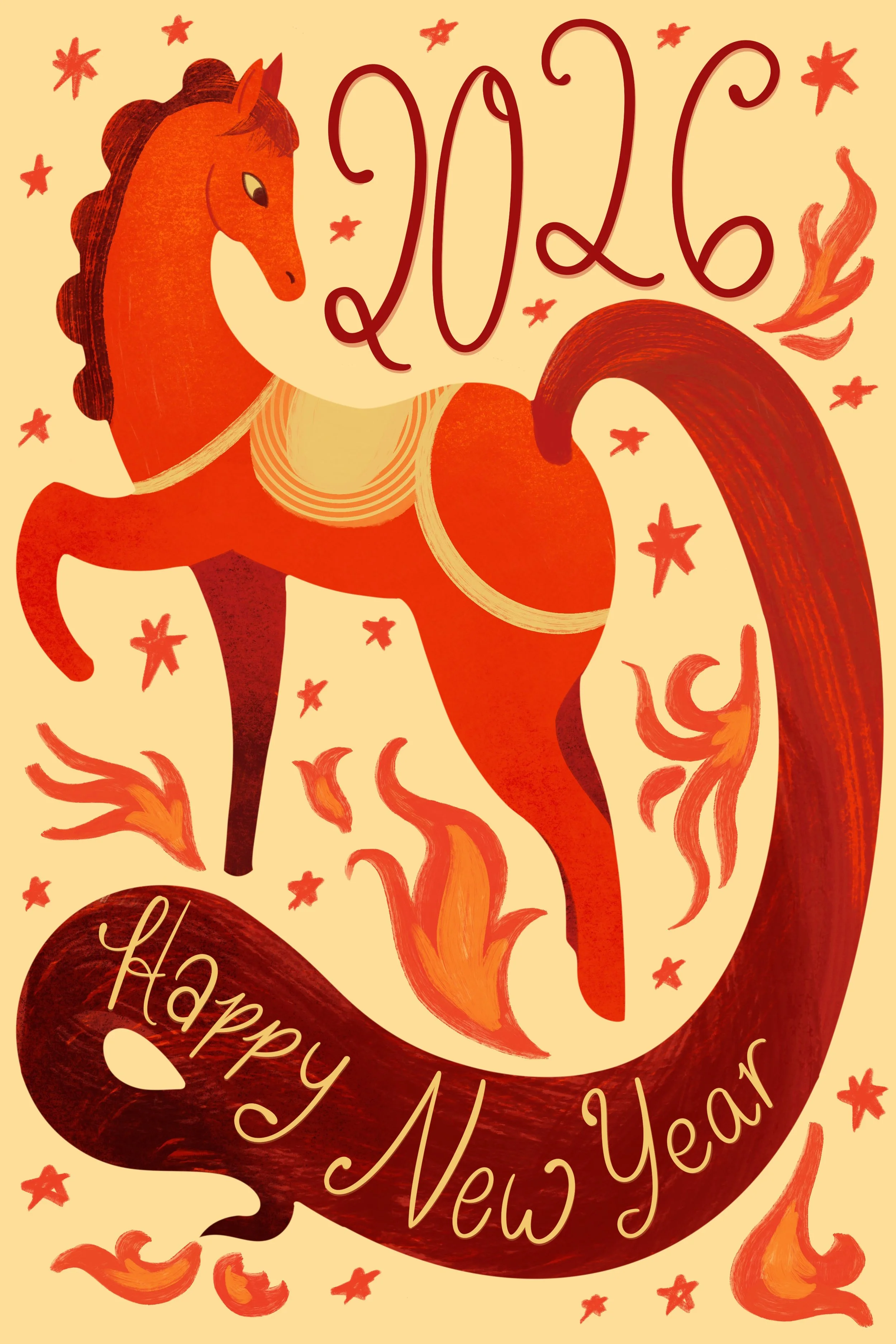 A colorful illustration celebrating the 2026 Lunar New Year, Year of the Horse