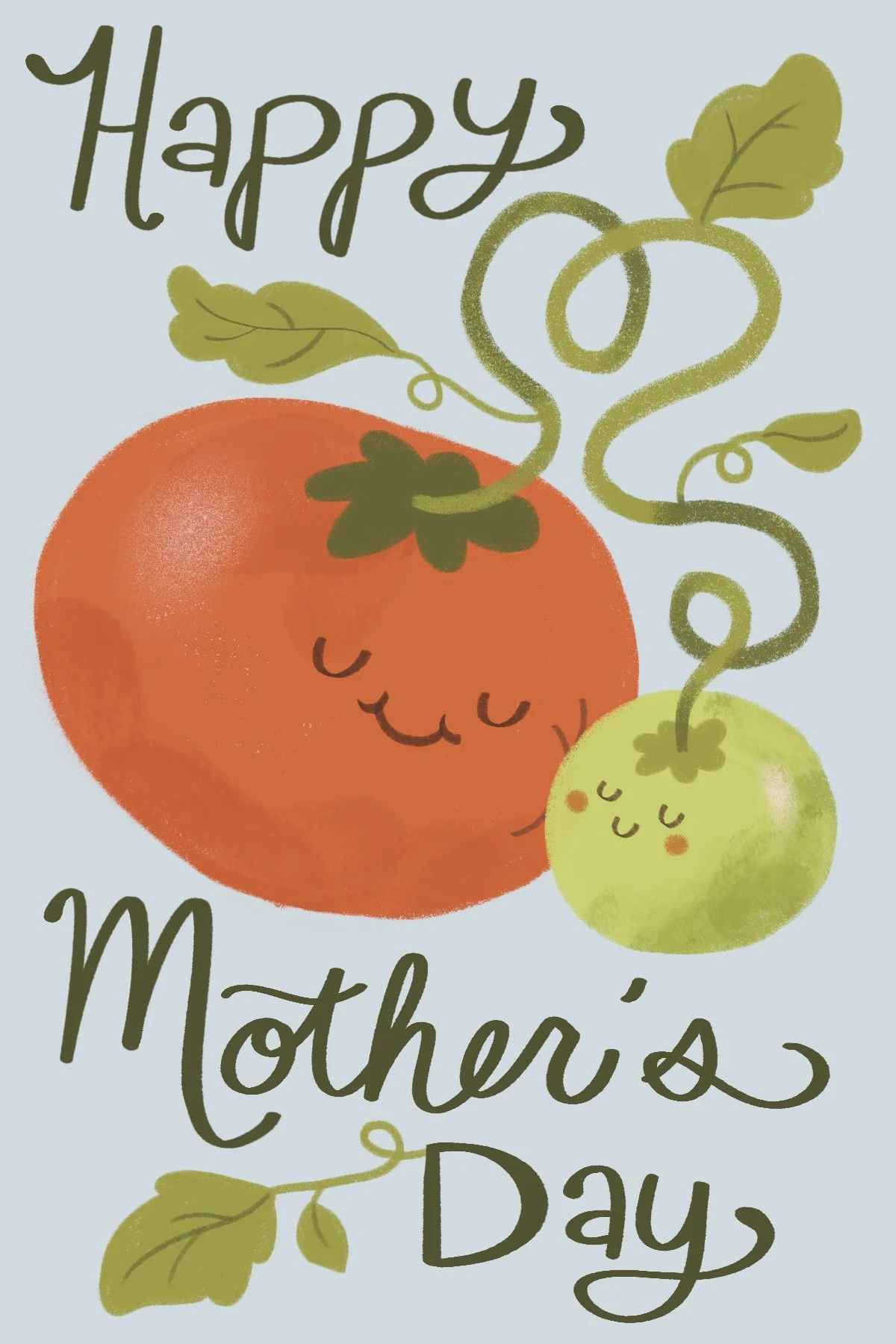 A Mother's Day greeting card with an illustration of happy cartoon fruits, a large orange mango and a smaller green apple, both with smiling faces and closed eyes, accompanied by the text 'Happy Mother's Day' on a light blue background.