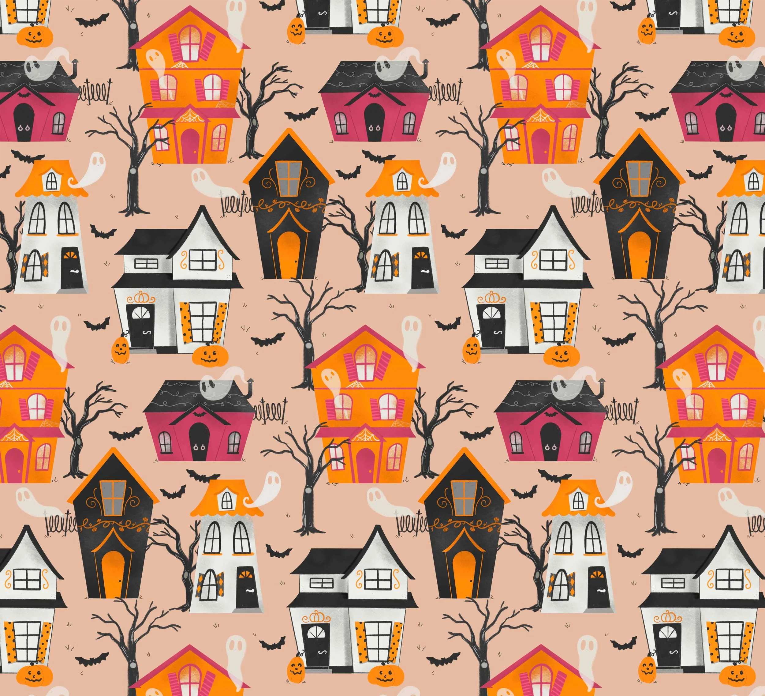 Pattern of spooky Halloween houses with ghosts, jack-o'-lanterns, bats, snowmen, and bare trees on a light orange background.