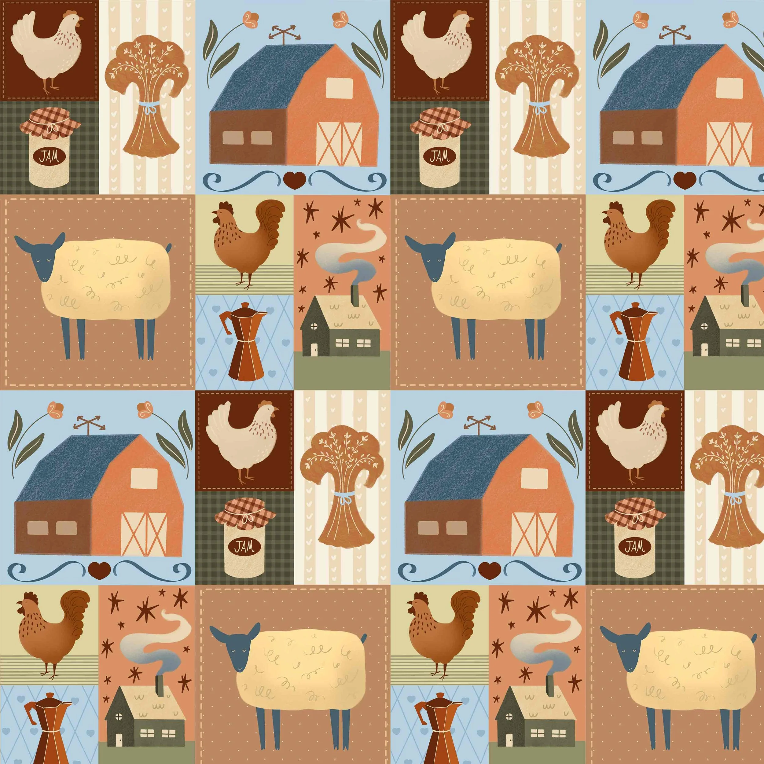 Pattern featuring farm animals like chickens, sheep, and roosters, farm buildings, trees, jam jars, and other rustic farm elements in a grid layout with pastel and earthy tones.