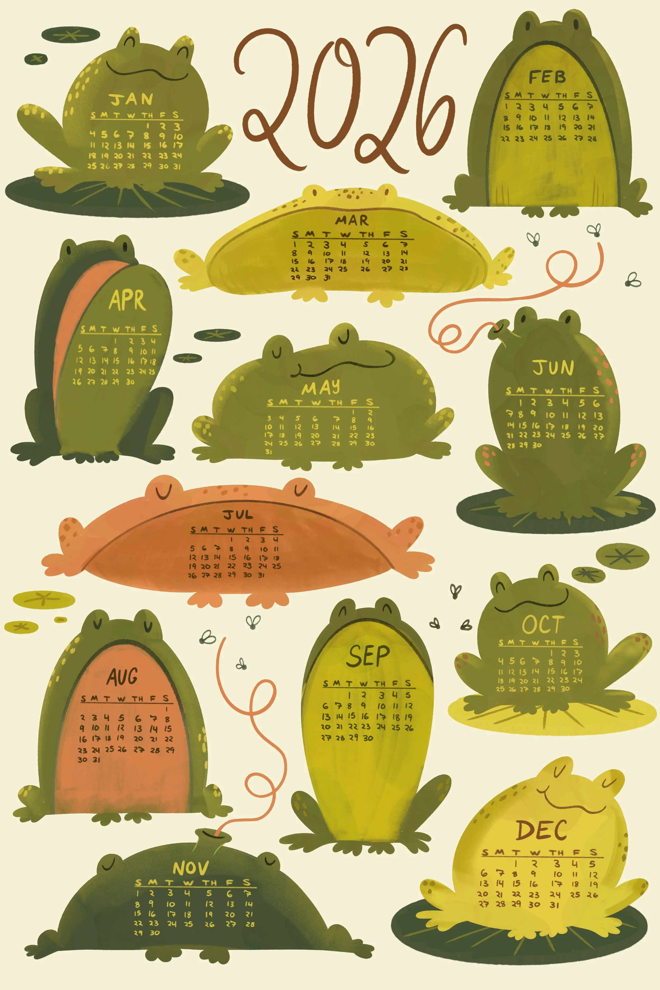 Illustrated calendar with frog and turtle characters representing each month of 2026, with months displayed on frog and turtle bodies, and lily pads scattered around.