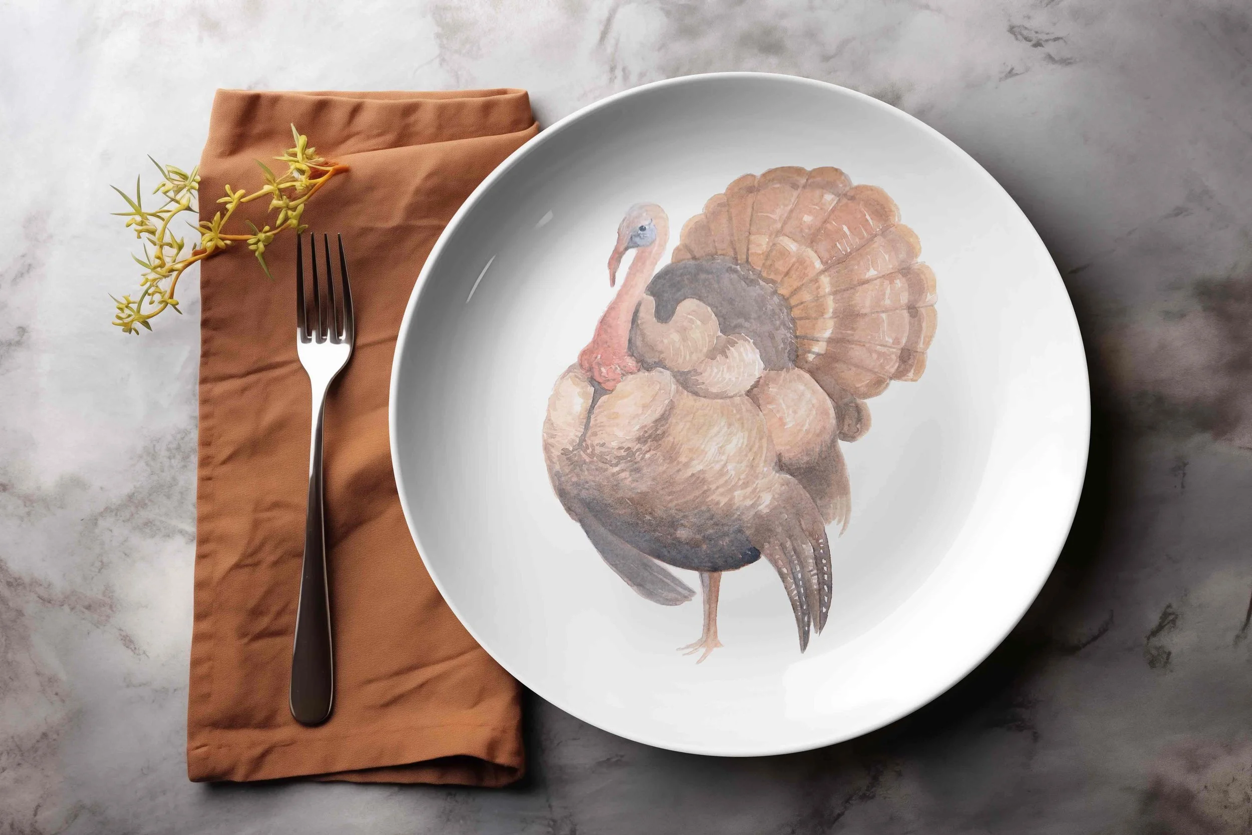 A white ceramic plate with a vintage illustration of a turkey, placed on a gray marble surface. To the left of the plate is a folded rust-colored napkin with a sprig of small yellow flowers, and a silver fork resting on the napkin.