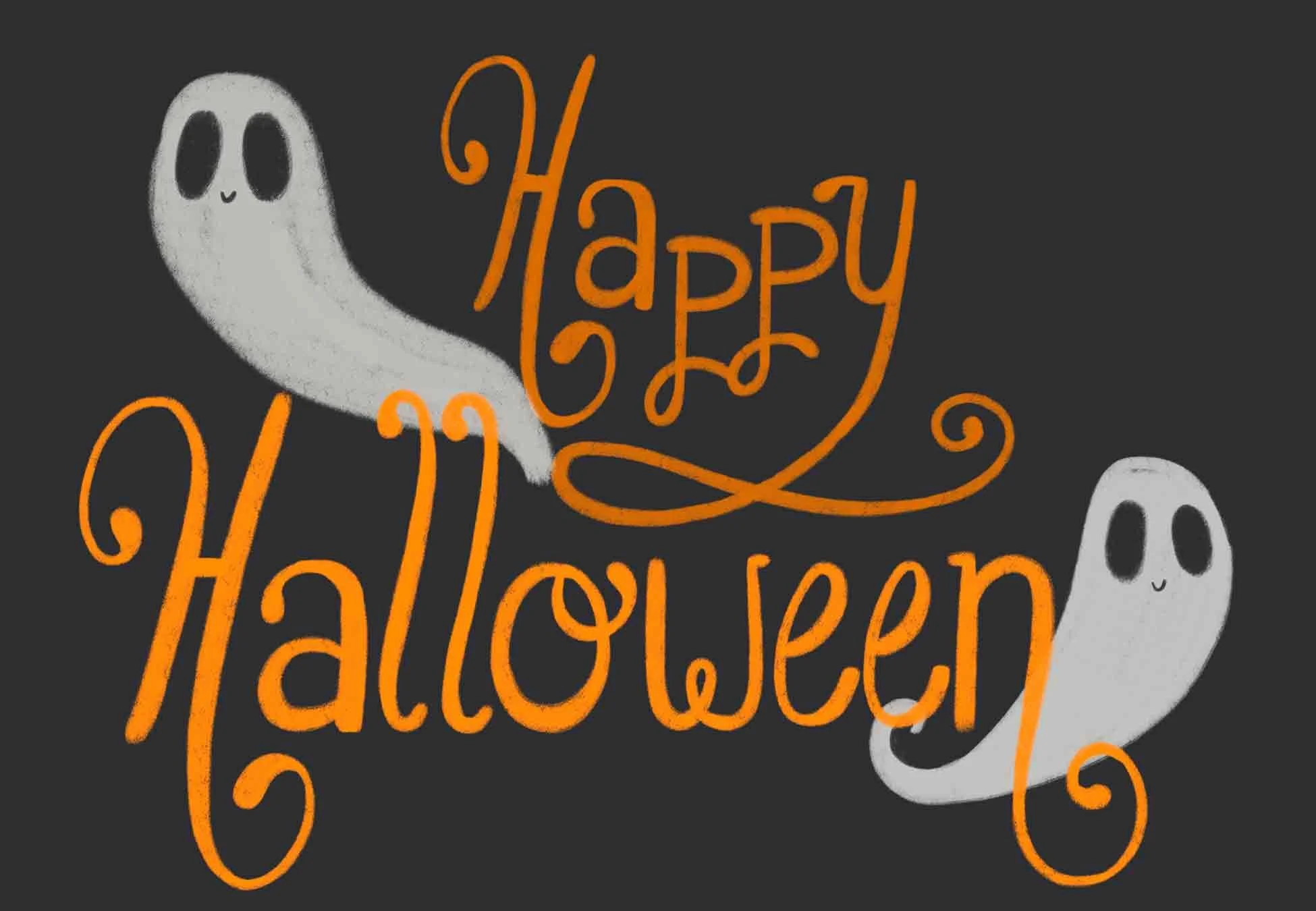 Black background with orange text saying 'Happy Halloween' and two cartoon ghosts with smiling faces.