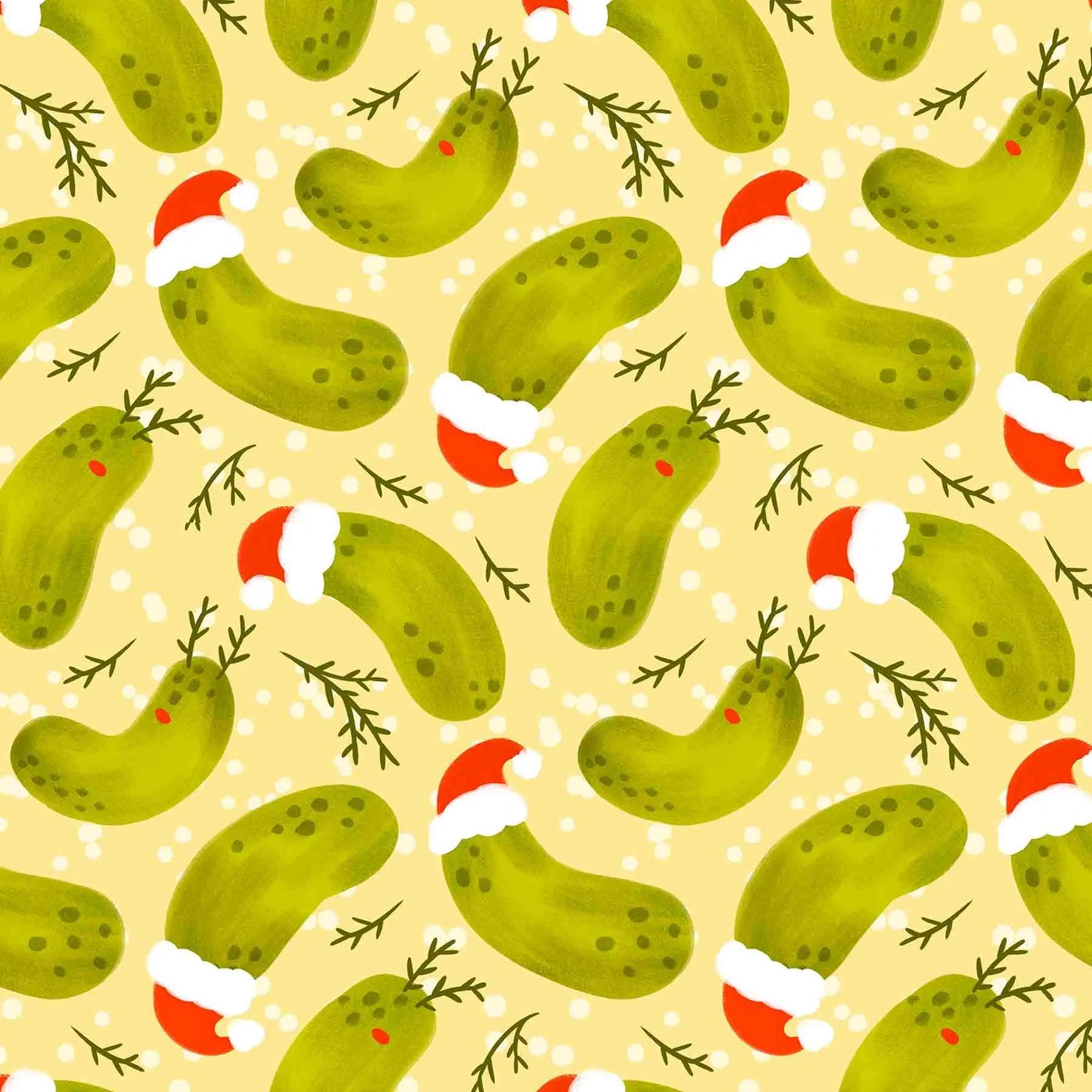 Pattern of green pickles with reindeer noses and antlers, some wearing Santa hats, on a yellow background with white dots.