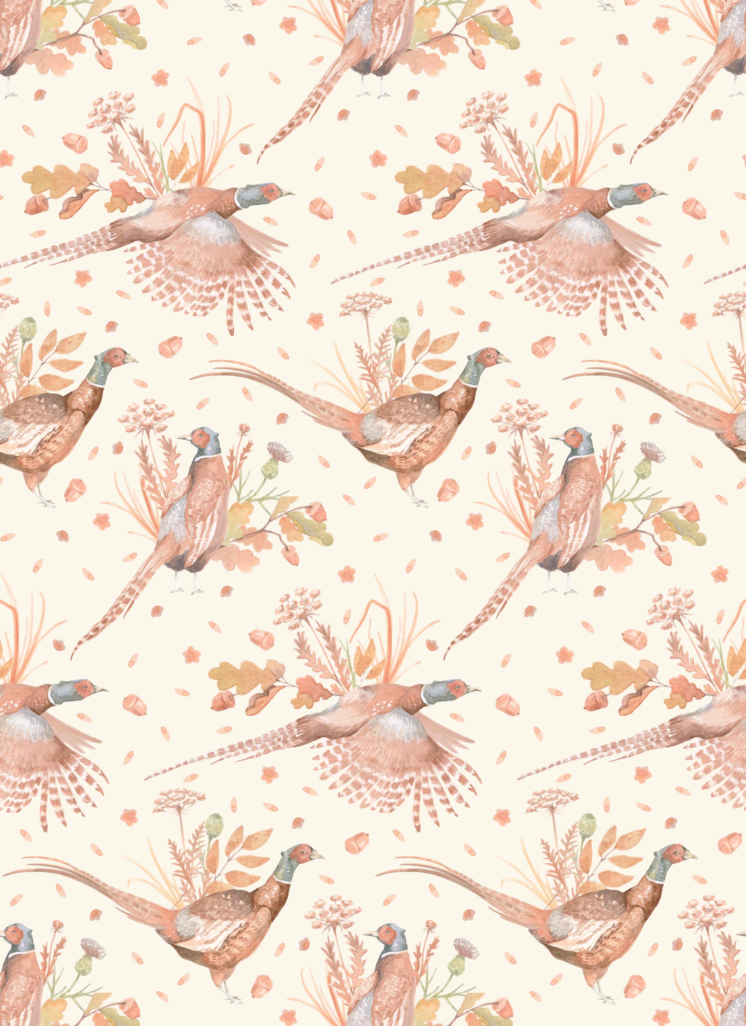 Pattern of watercolor illustrations of pheasants among autumnal plants and flowers, with scattered leaves on a cream background.