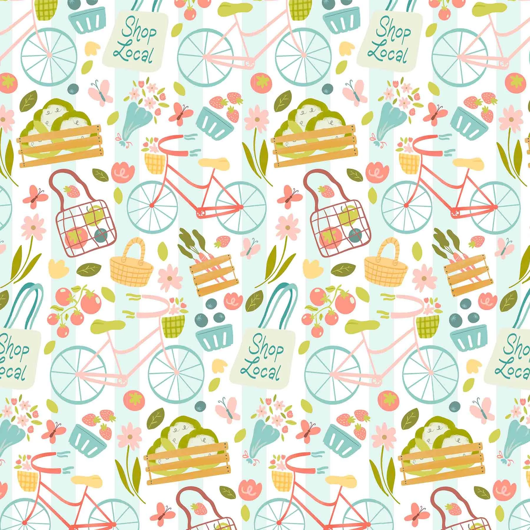 Pattern with bicycles, shopping baskets, vegetables, flowers, strawberries, apples, and a sign saying "Shop Local" in pastel colors.