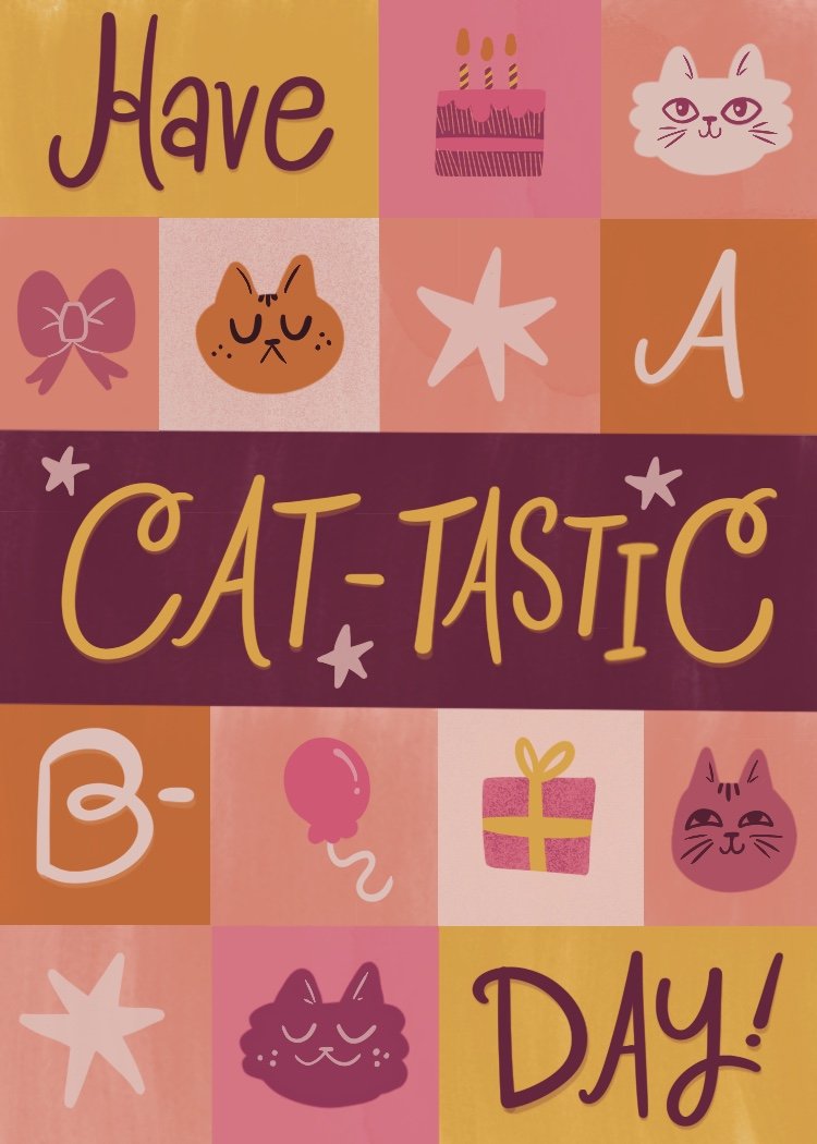 Colorful birthday card with illustrations of a cake, cats, a bow, a balloon, a gift, and stars, with the message "Have a cat-tastic B-day!"