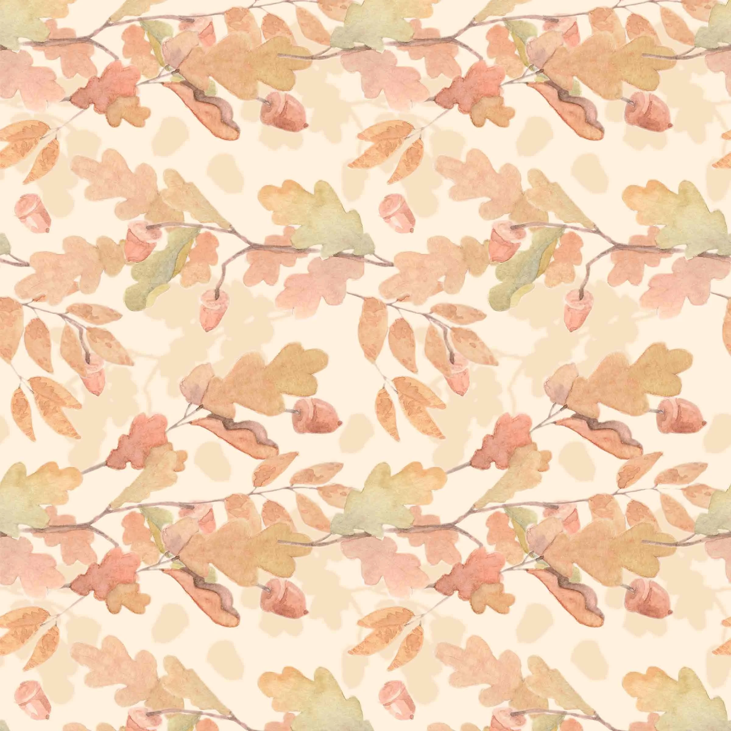 Watercolor pattern of autumn oak branches with multicolored leaves and acorns on a beige background.
