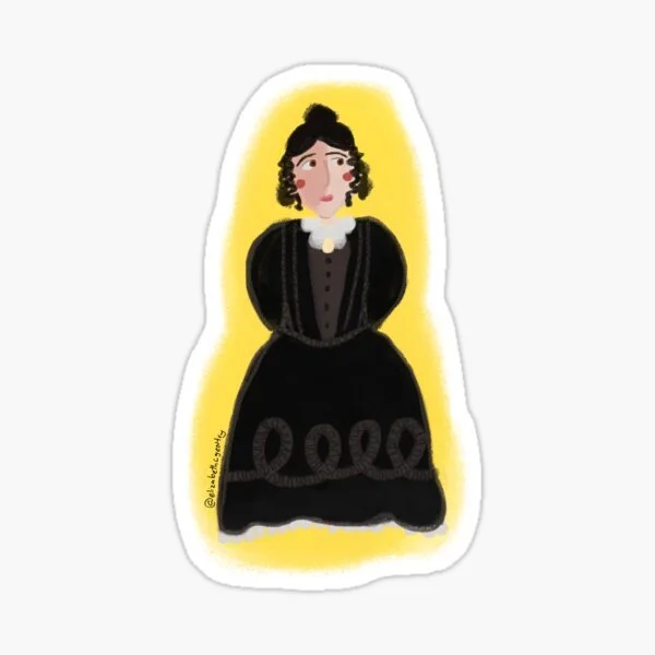 Illustration of a woman in a black Victorian-style dress with curly black hair, standing against a yellow background.