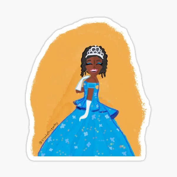A cartoon illustration of a woman in a blue ball gown with floral patterns, wearing a tiara, and smiling. She has dark curly hair and is holding a white ribbon in her hand.