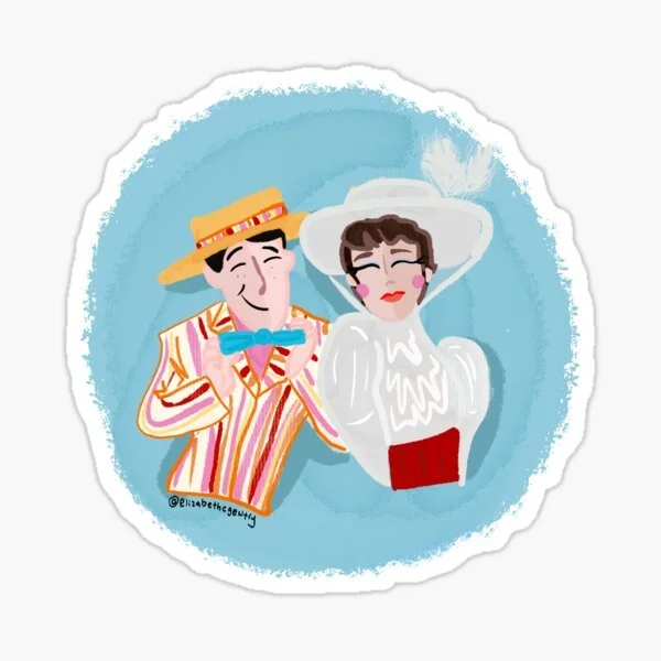 A cartoon illustration of a man and woman dressed in summer clothing, smiling and enjoying a sunny day. The man wears a striped shirt, a large straw hat, and a bow tie, while the woman wears a white dress and wide-brimmed hat.