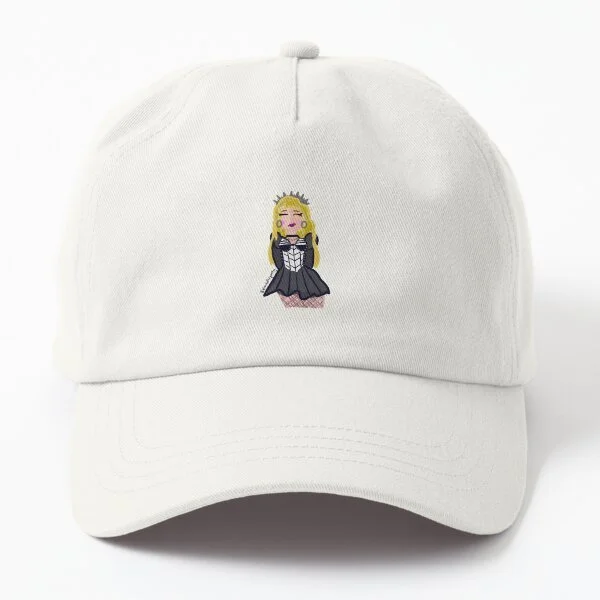 White baseball cap with small embroidered princess character wearing a black dress and tiara.