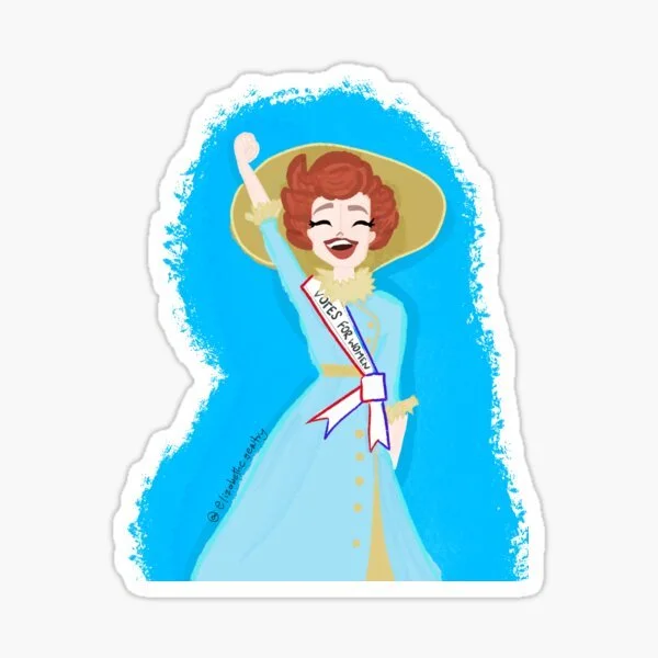 A cartoon illustration of a cheerful woman with red hair, wearing a blue dress, a large sunhat, and a sash that says "Votes for Women". She is raising her right arm in victory.