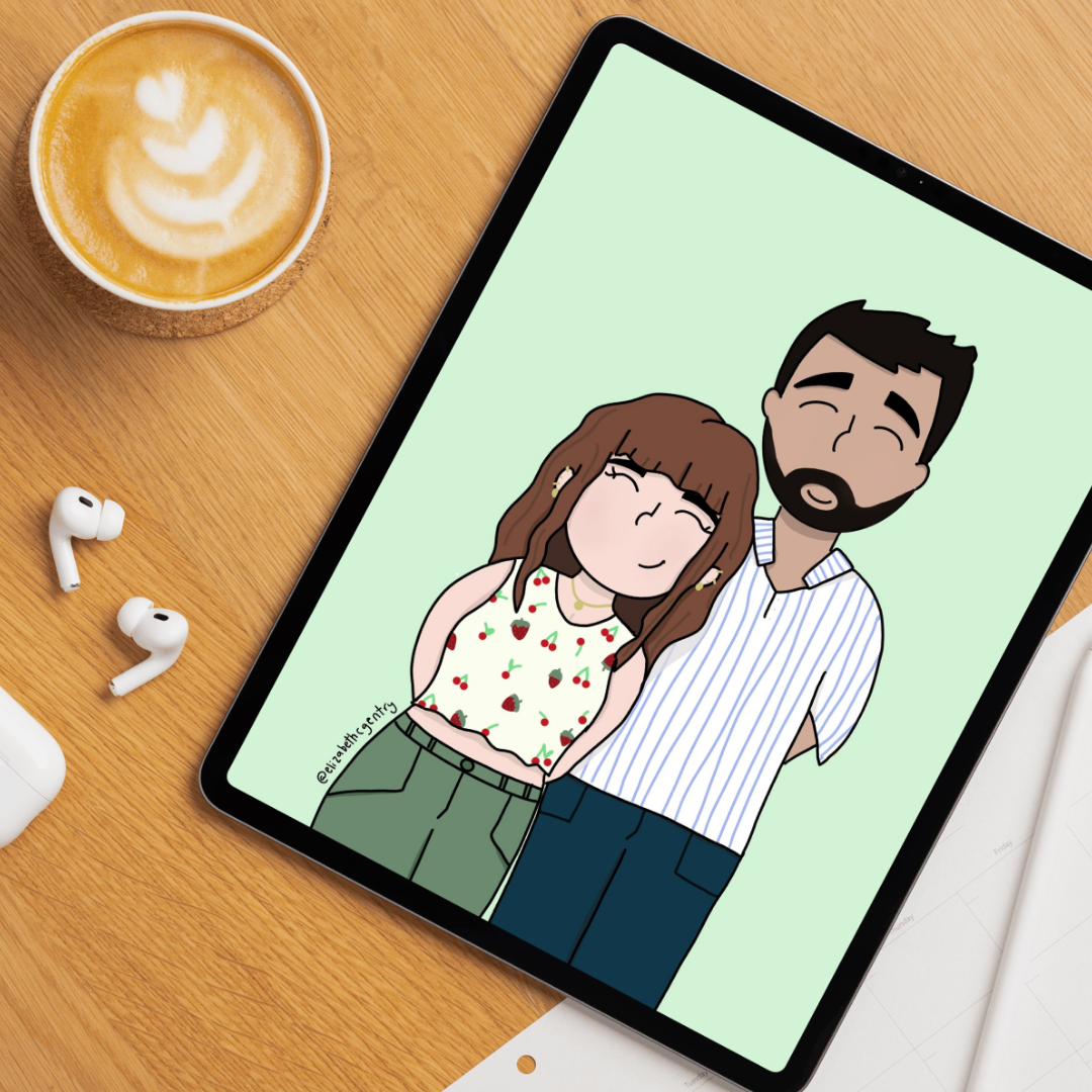 Digital illustration of a smiling man with a beard wearing a striped shirt and a smiling woman with long brown hair wearing a strawberry print top, standing close together against a light green background.